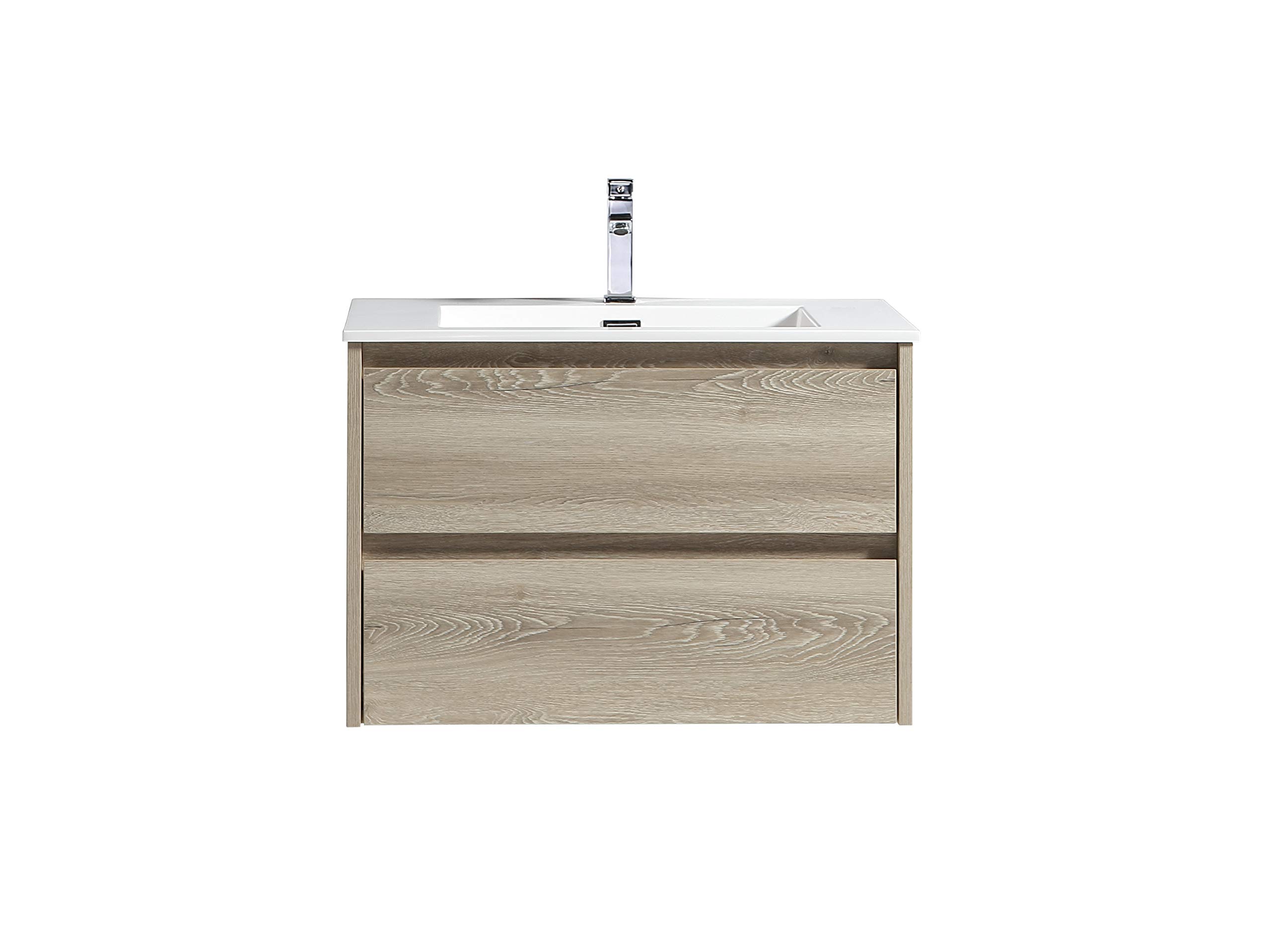 Flairwood Decor 30 Inch Bathroom Vanity with Wall Mounted Cabinet - Light Brown Wood Assembled Vanity with 2 Large Metal Drawers & White Countertop with Integrated Sink | Perfect for Small Bathrooms, Powder Rooms & Modern Home Decor