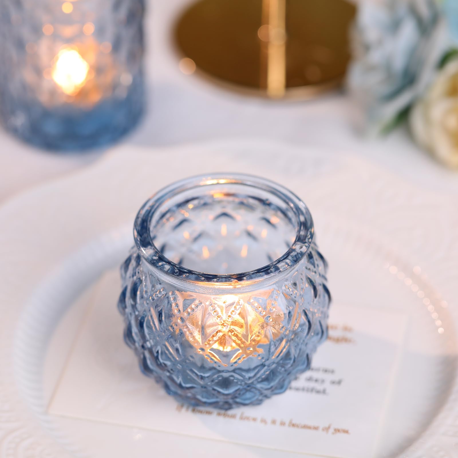 Blue Glass Votive Candle Holders Set of 24 - Bulk Round Tea Light Holders for Wedding, Home Decor, Party & Gifts | Perfect for Centerpieces, Table Settings & Romantic Ambiance