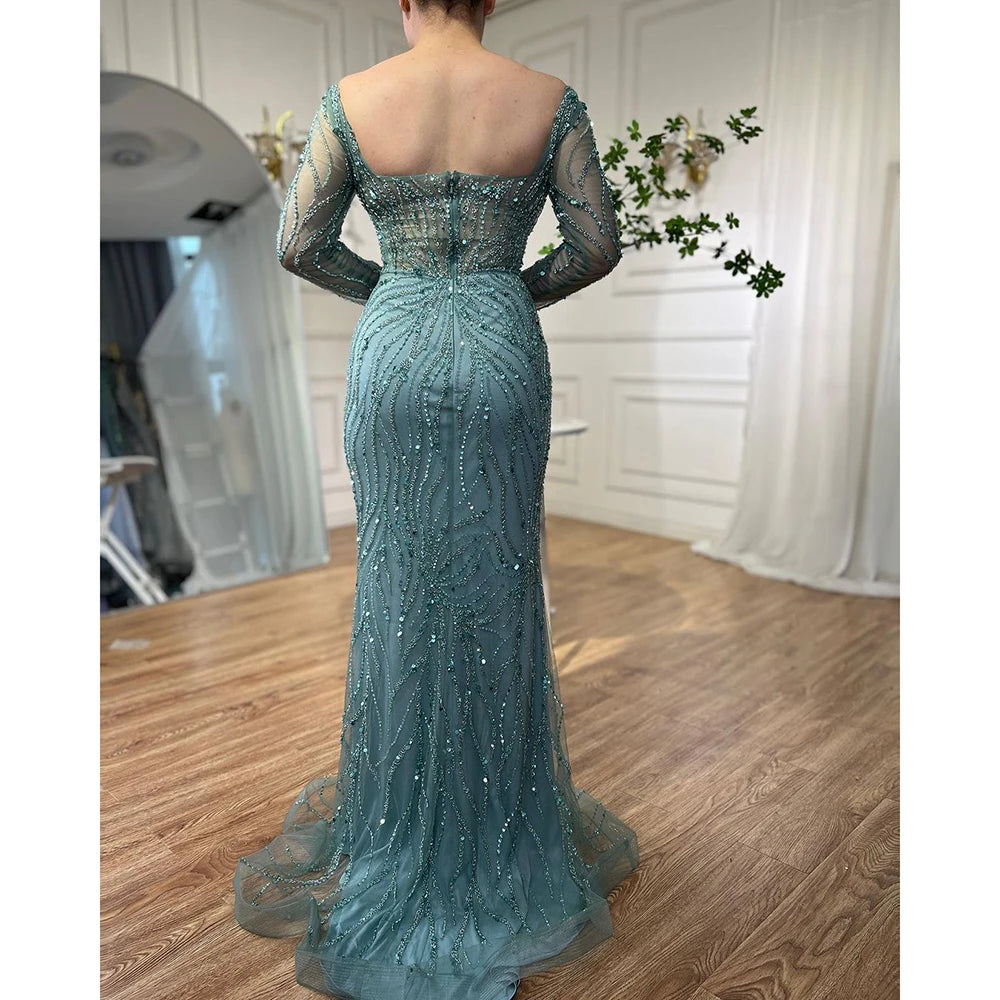 Elegant Arabic Turquoise Mermaid Evening Gown with Beaded Details & High Split - Women's Formal Dress for Wedding, Party & Special Occasions - Serene Hill LA72093