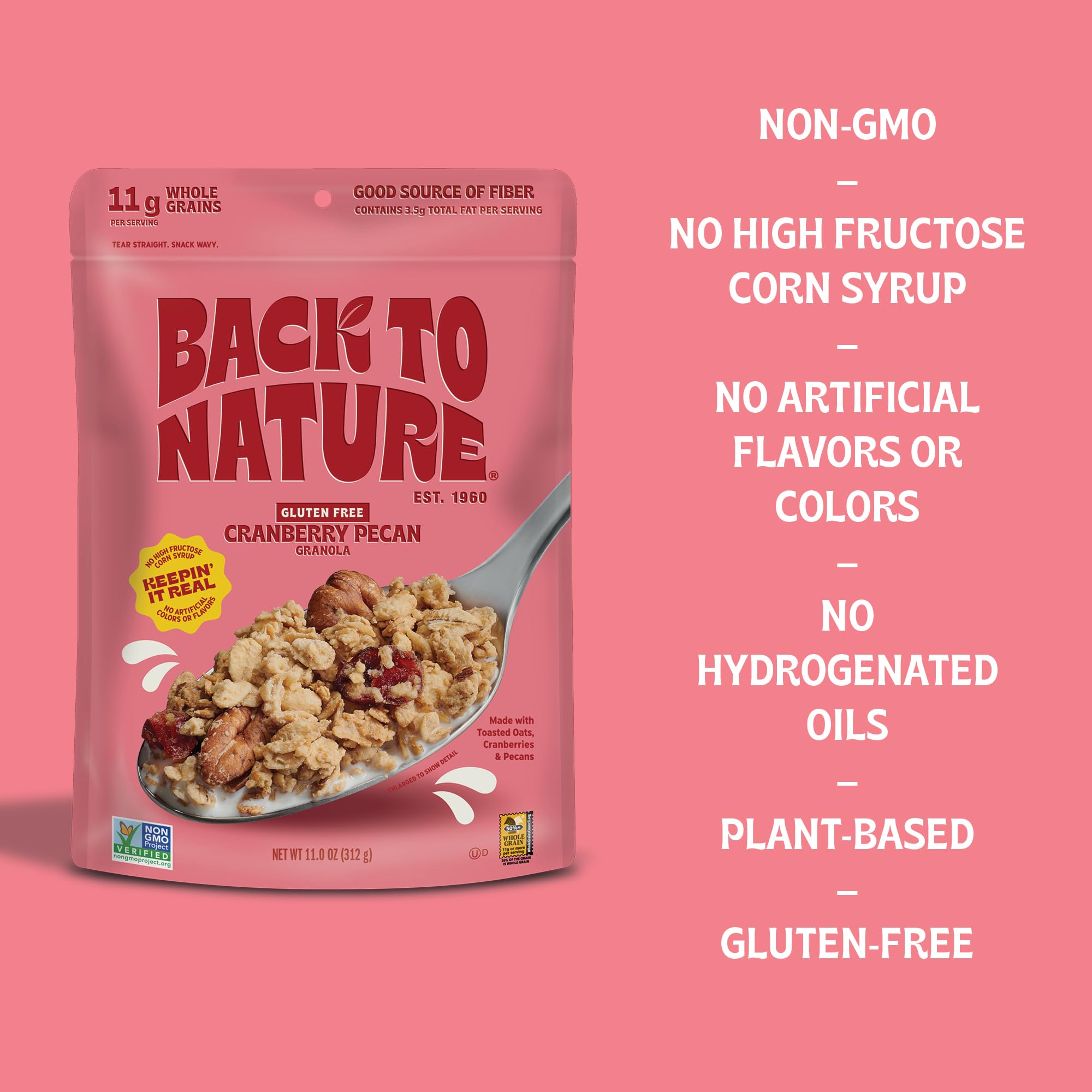 Back to Nature Granola Cereal - Gluten Free, Non-GMO, Vegan Snacks with Whole Grain Rolled Oats, Cranberry Pecan - 11oz (Pack of 6) | Healthy Breakfast & On-the-Go Snack for Work, School & Travel