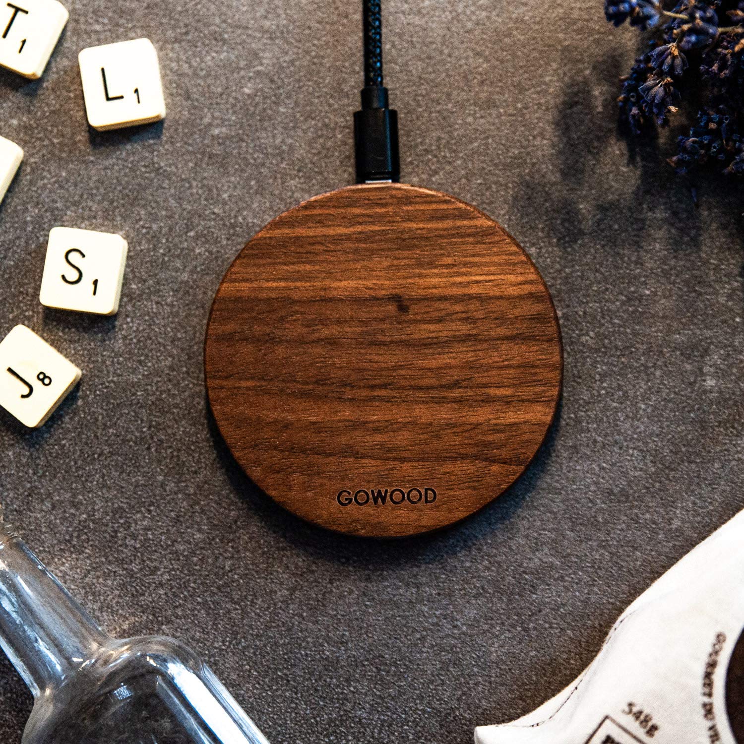 GOWOOD 15W Fast Wireless Charger - Walnut Wood Stand with 2m Durable USB-C Cable & LED Indicator - Qi Certified Charging Pad for iPhone 15/14/13/12, Samsung Galaxy S23/S22 - Perfect for Bedside, Office & Car Use