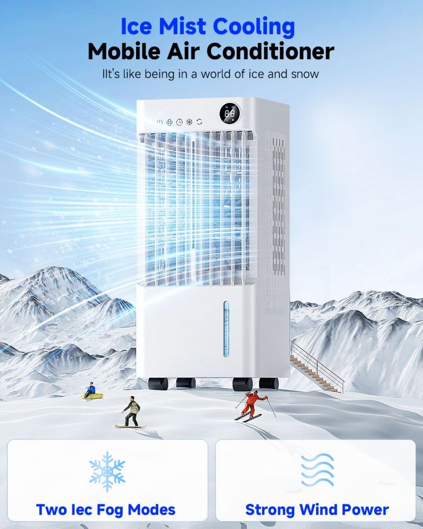 Portable Air Conditioner Fan with Water Cooling - 70W Evaporative Cooler, 24H Timer, 3 Speed Modes, 120° Oscillation & Remote Control - Includes 2 Cooling Pads for Home, Office, and Outdoor Use