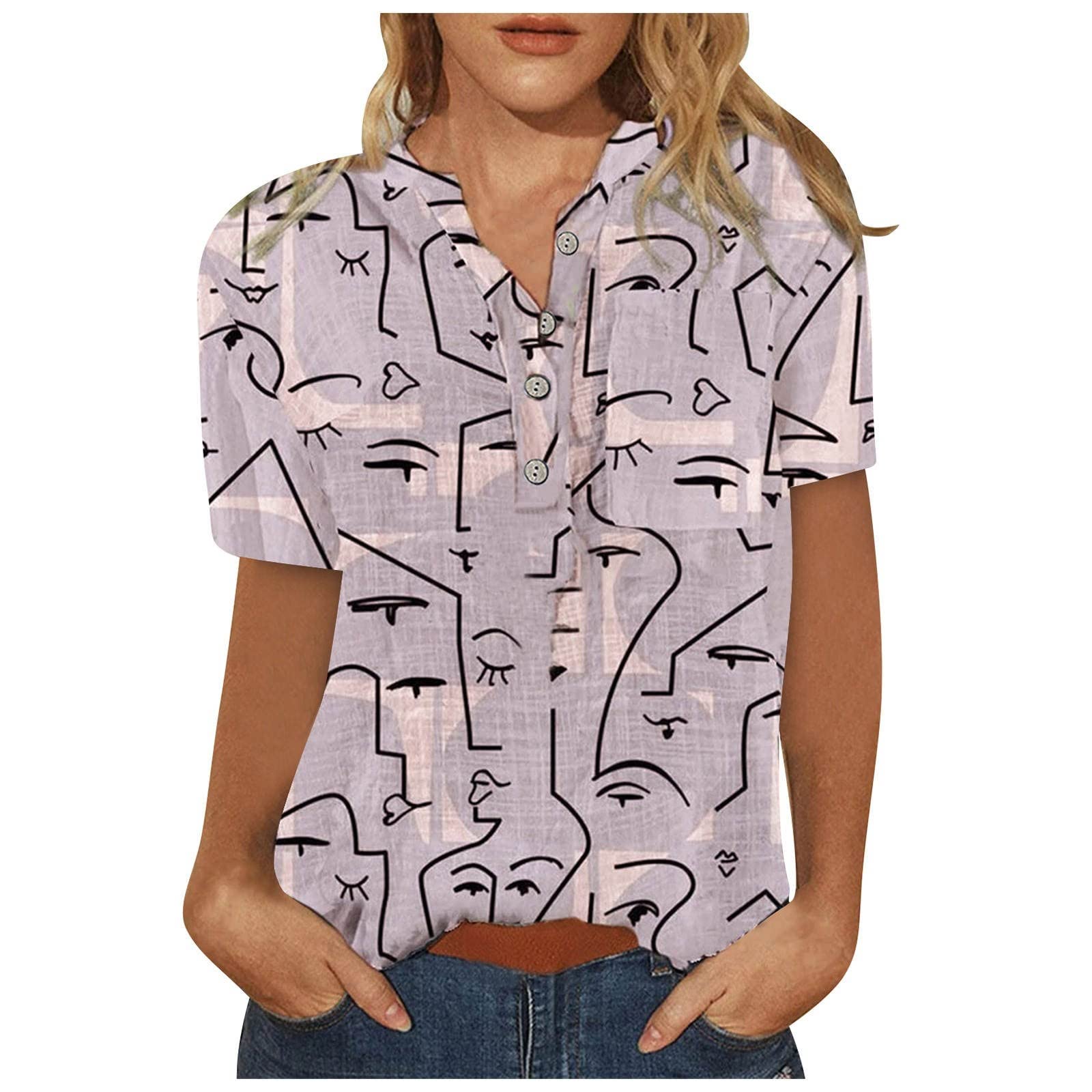 Women's Loose Fit Graphic V-Neck Tank Tops - Vintage Hawaiian Print Short Sleeve Workout Shirts for Women (Pink, XXXL) | Casual Summer Wear, Beach Vacation, Gym & Yoga Outfits