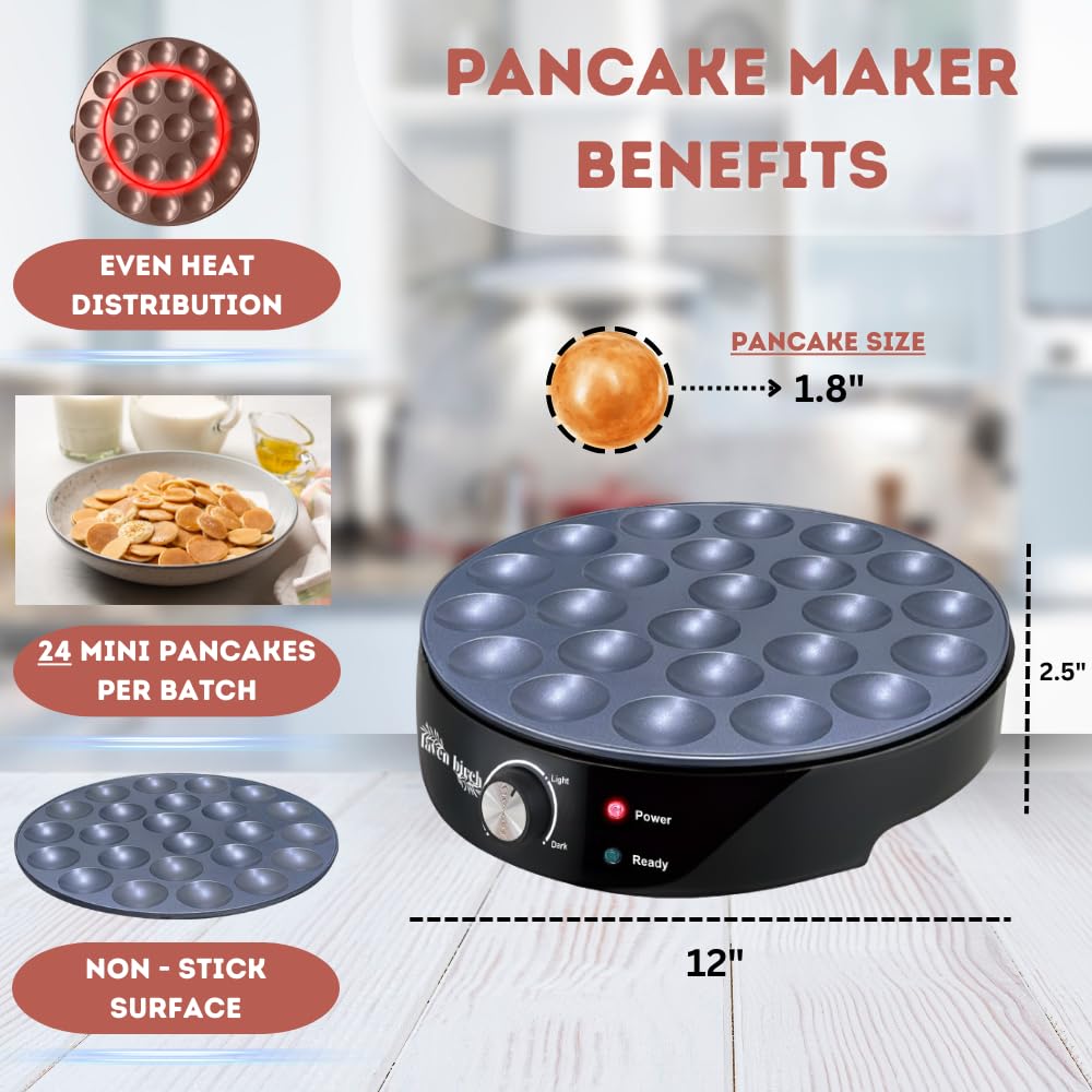 24PCS Mini Pancake Maker Machine - Nonstick Electric Dutch Pancakes Griddle with Adjustable Heat - Multi-Use Poffertjes Pan for Home & Restaurants - Perfect for Breakfast, Desserts & Party Snacks - Easy to Use & Clean