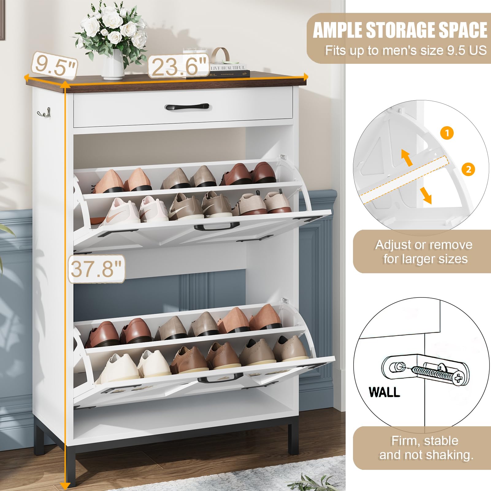 Farmhouse Style White Shoe Cabinet with 2 Flip Drawers - Narrow Entryway Shoe Storage Organizer for Hallway, Foyer & Door Entry - Free Standing Hidden Shoe Storage Cabinet (Perfect for Small Spaces & Apartment Living)