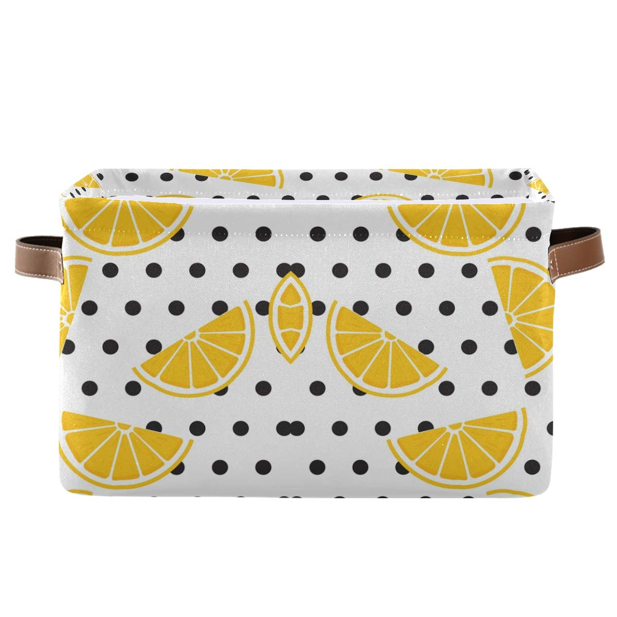 AGONA Large Foldable Storage Bin - Yellow Lemon Polka Dot Fabric Basket with Leather Handles | Collapsible Home Organizer for Closet, Bedroom, Nursery | Perfect for Fruits, Toys & Household Items Storage (1 Pack)