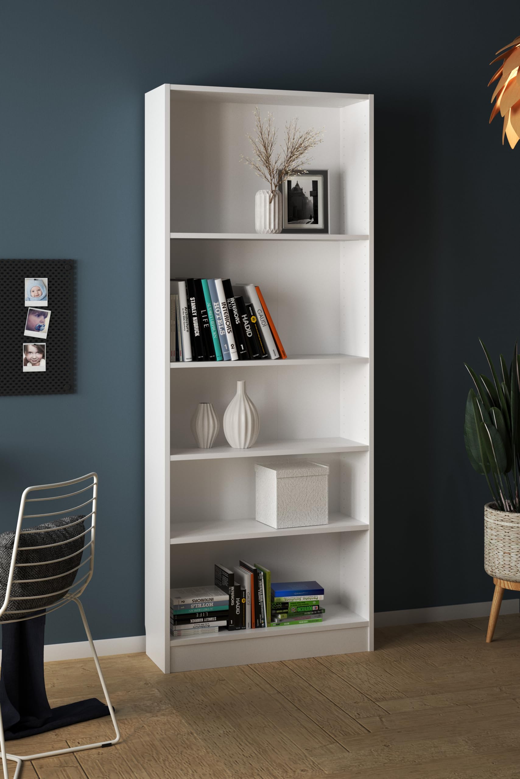 Tvilum Element Wide 5 Shelf Bookcase - Tall White Wooden Bookshelf for Home Office, Living Room & Bedroom Storage Organizer
