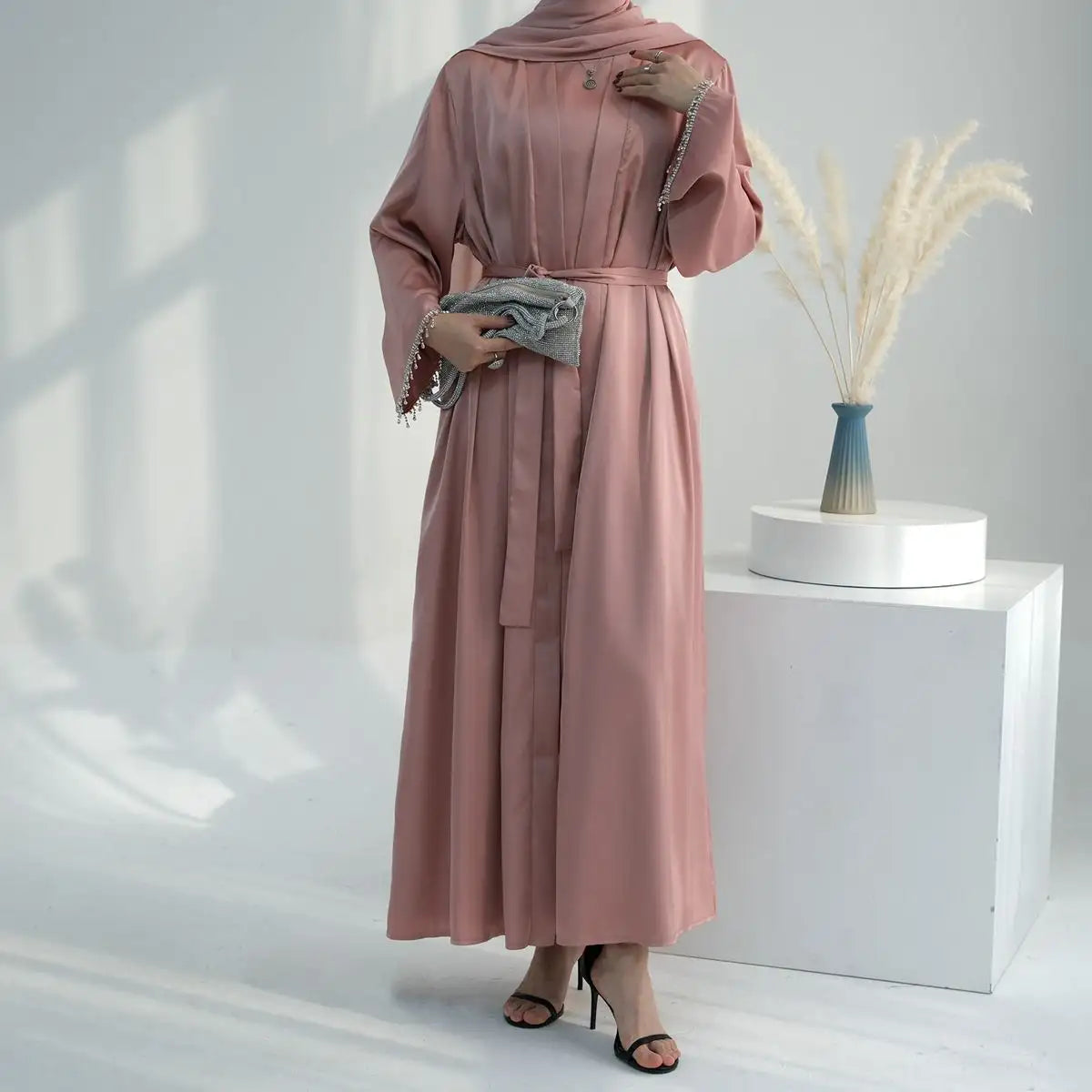 Elegant 2-Piece Modest Fashion Set - Crystal Belt Open Abaya with Sleeveless Inner Dress | Perfect for Eid, Ramadan & Special Occasions