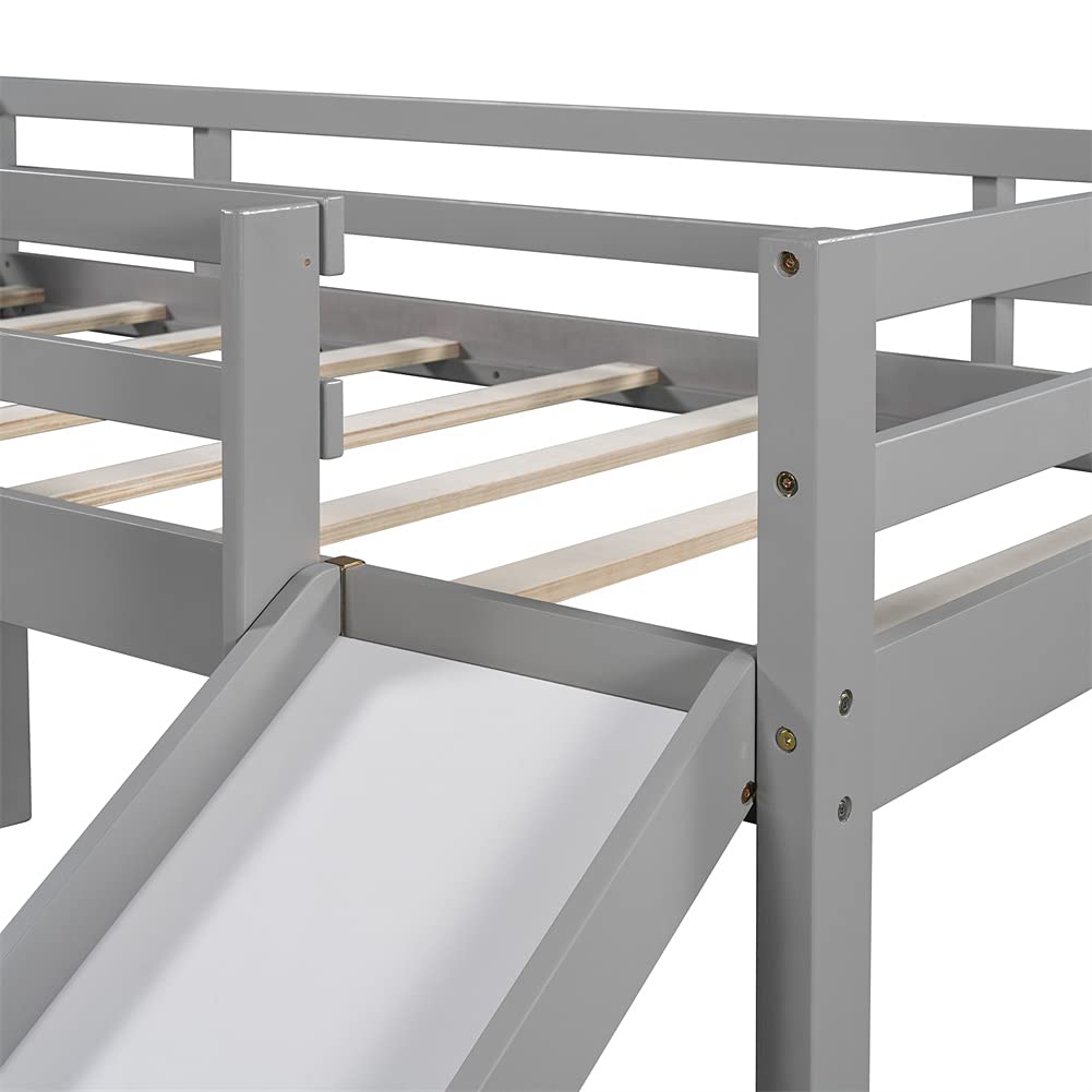 Kids Wood Loft Bed with Slide & Stairs - Twin Size Low Loft Bed Frame with Chalkboard - Easy Assembly (Gray) - Perfect for Small Bedrooms & Playrooms