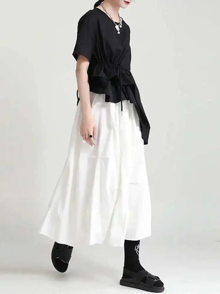 Black Stretchy High Waist Ruched Midi Skirt for Women - Casual Bodycon Skirt with Elastic Waistband - Trendy Spring Summer 2025 Fashion - Perfect for Office, Date Night & Weekend Outings