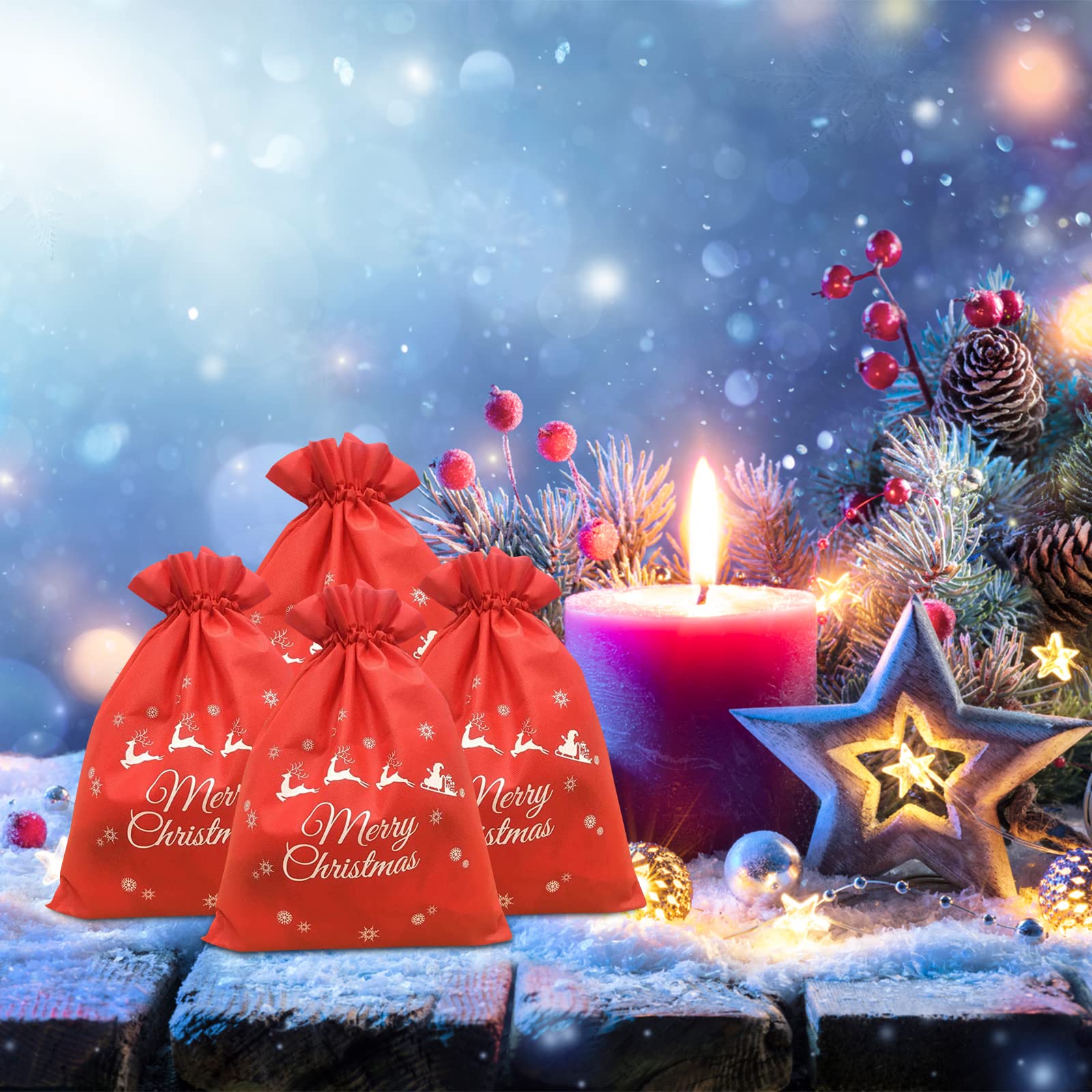 TIENO Christmas Drawstring Gift Bags - 6 Pack Red Holiday Bags 11.8x15.7 Inches for Christmas Presents, Party Favors & Stocking Stuffers