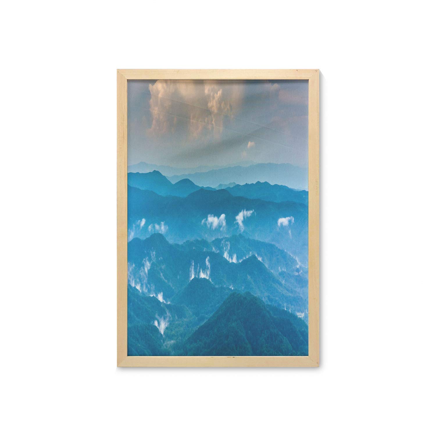 Ambesonne Appalachian Wall Art with Frame - Panoramic Roan Highlands Fog Landscape, Printed Fabric Nature Poster for Bathroom, Living Room & Dorm Decor - 23x35 Inches, Tan & Sea Blue - Perfect for Nature Lovers & Home Office Decor