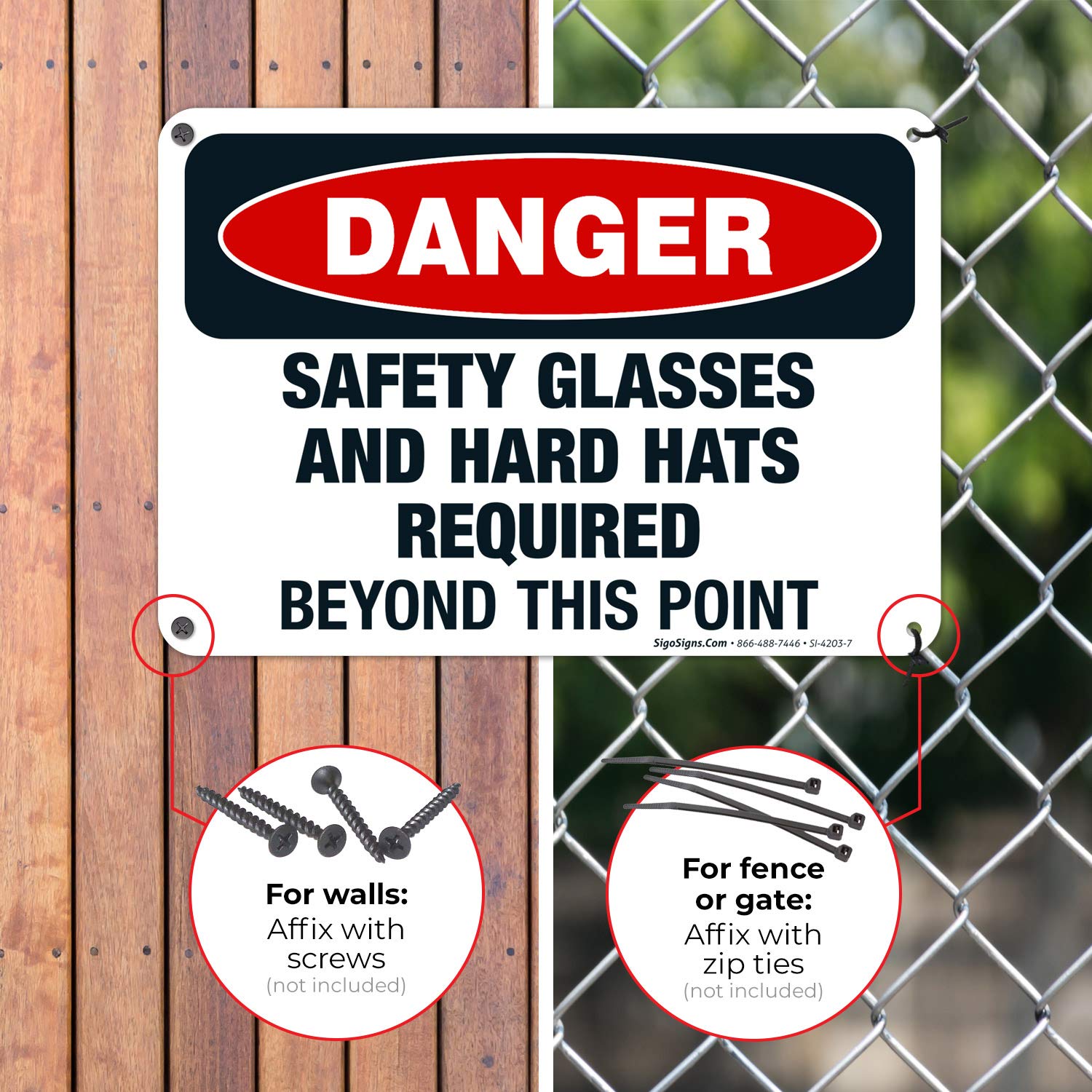 Danger Safety Glasses and Hard Hats Required Beyond This Point Sign - OSHA Compliant 10x7 Inch Aluminum Safety Sign, Rust-Free .040 Gauge, Fade Resistant for Indoor/Outdoor Use - Made in USA | Perfect for Construction Sites, Factories & Hazardous Work Areas