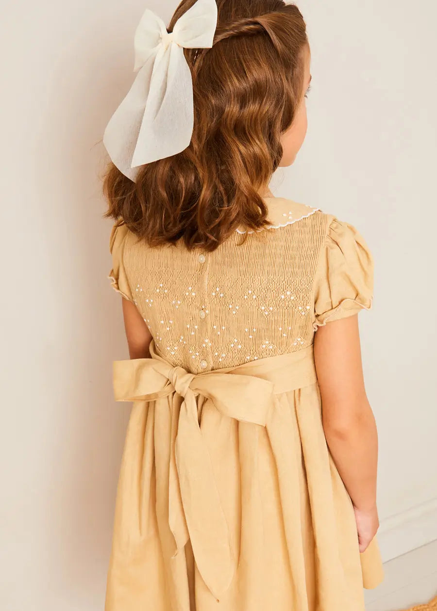 Hand Smocked Peter Pan Collar Short Sleeve Dress for Girls in Beige (12 Months - 10 Years) | Perfect for Birthday Parties, Easter, and Special Occasions