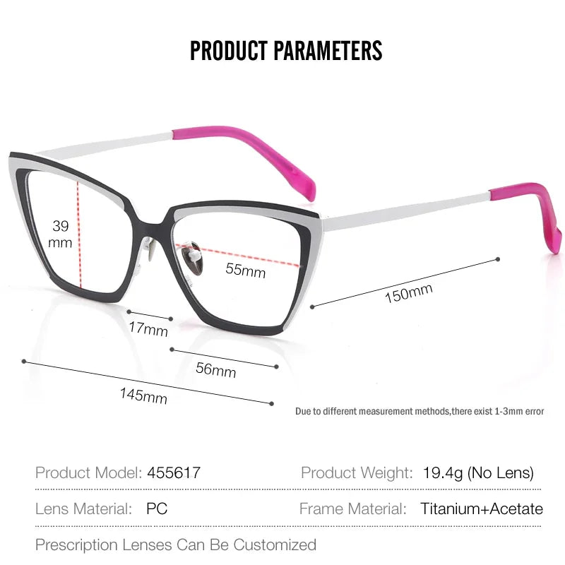 Stylish Unisex Full Rim Square Cat Eye Glasses - Lightweight Titanium Acetate Frame (Model 455617) | Perfect for Work, Reading & Fashion Statement