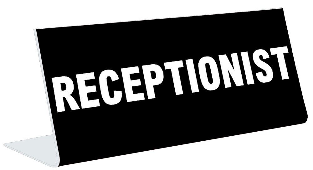 3x8 Inch Engraved Tabletop Pedestal Desk Sign - Elegant Receptionist Name Plate for Office Decor - Black & White Professional Signage - Perfect for Front Desk, Corporate Gifts & Office Organization