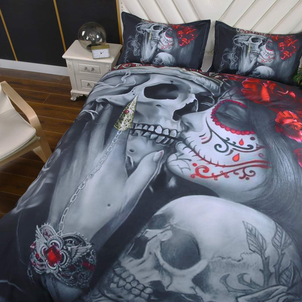 Suncloris 3D Sugar Skull Girl Kissing Skull Duvet Cover Set - Queen Size Bedding with Pillowcases (No Comforter Included) | Gothic Home Decor for Teens & Adults Bedroom