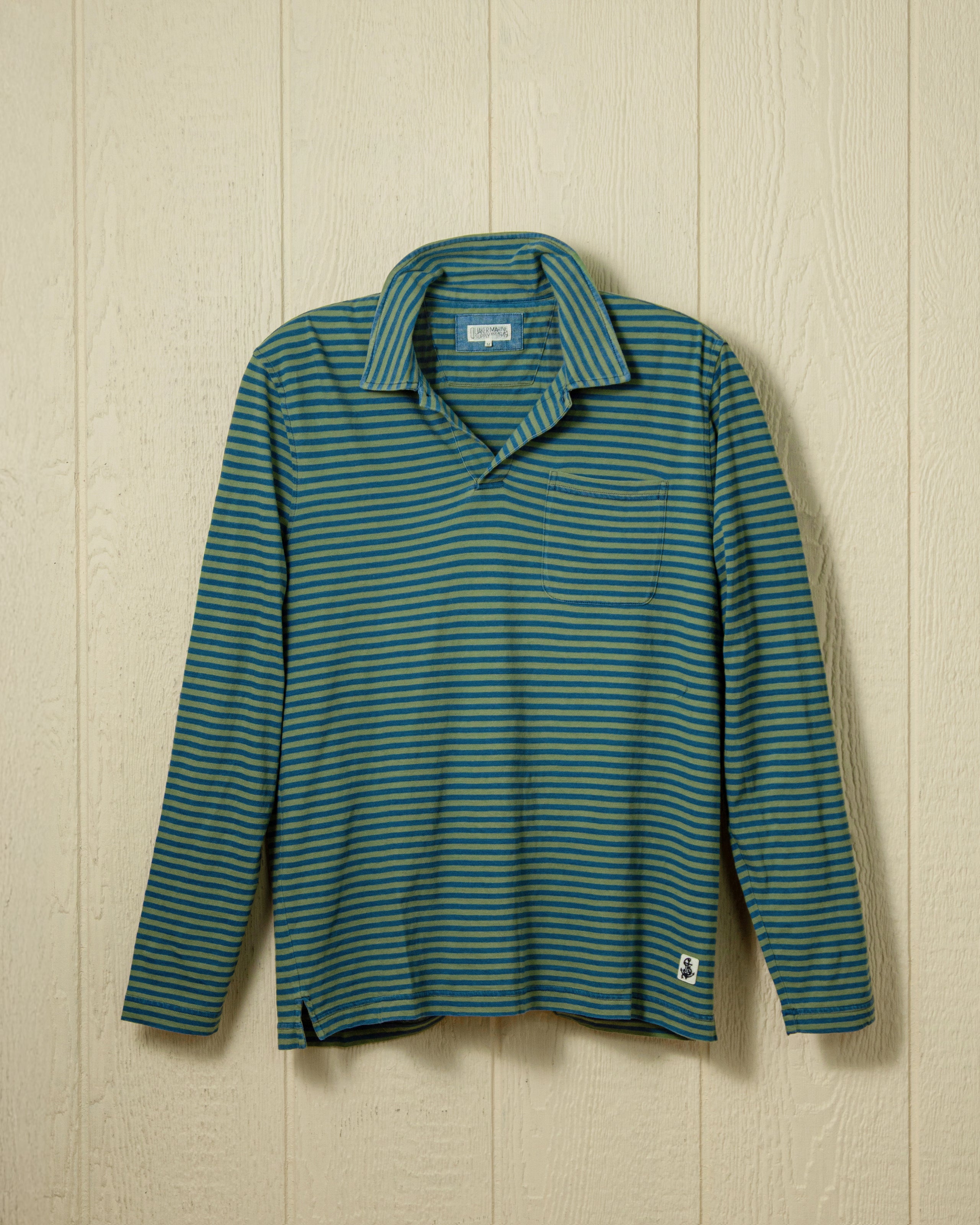 Long Sleeve Indigo Polo Shirt for Men - Faded Spruce & Navy Striped Casual Wear | Perfect for Office, Golf & Outdoor Activities