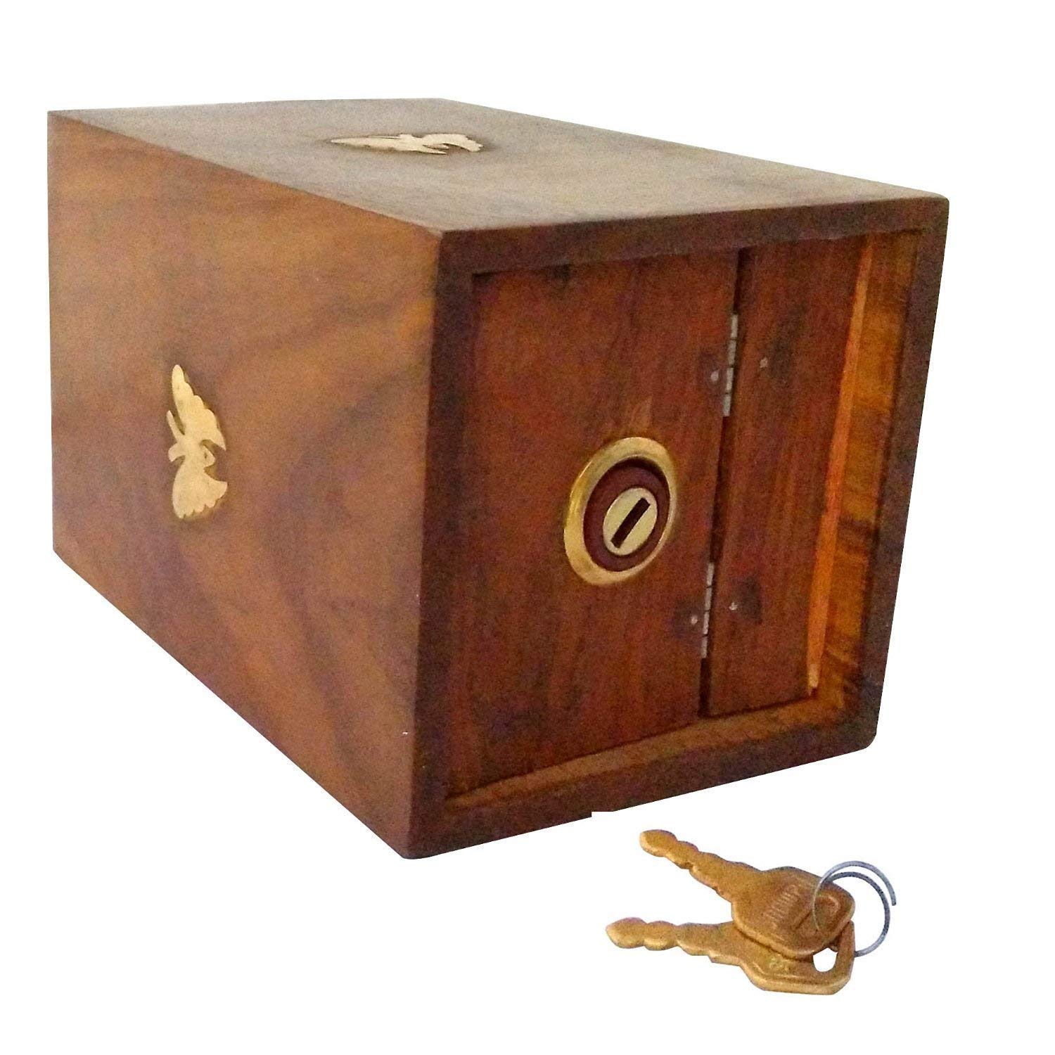 Valentine's Day Special Handmade Wooden Money Bank with 2 Keys - Square Safe Box Piggy Bank for Kids & Teens - Butterfly Inlay Coin Storage Box | Birthday Gift Idea for Children, Home Decor & Savings Organizer