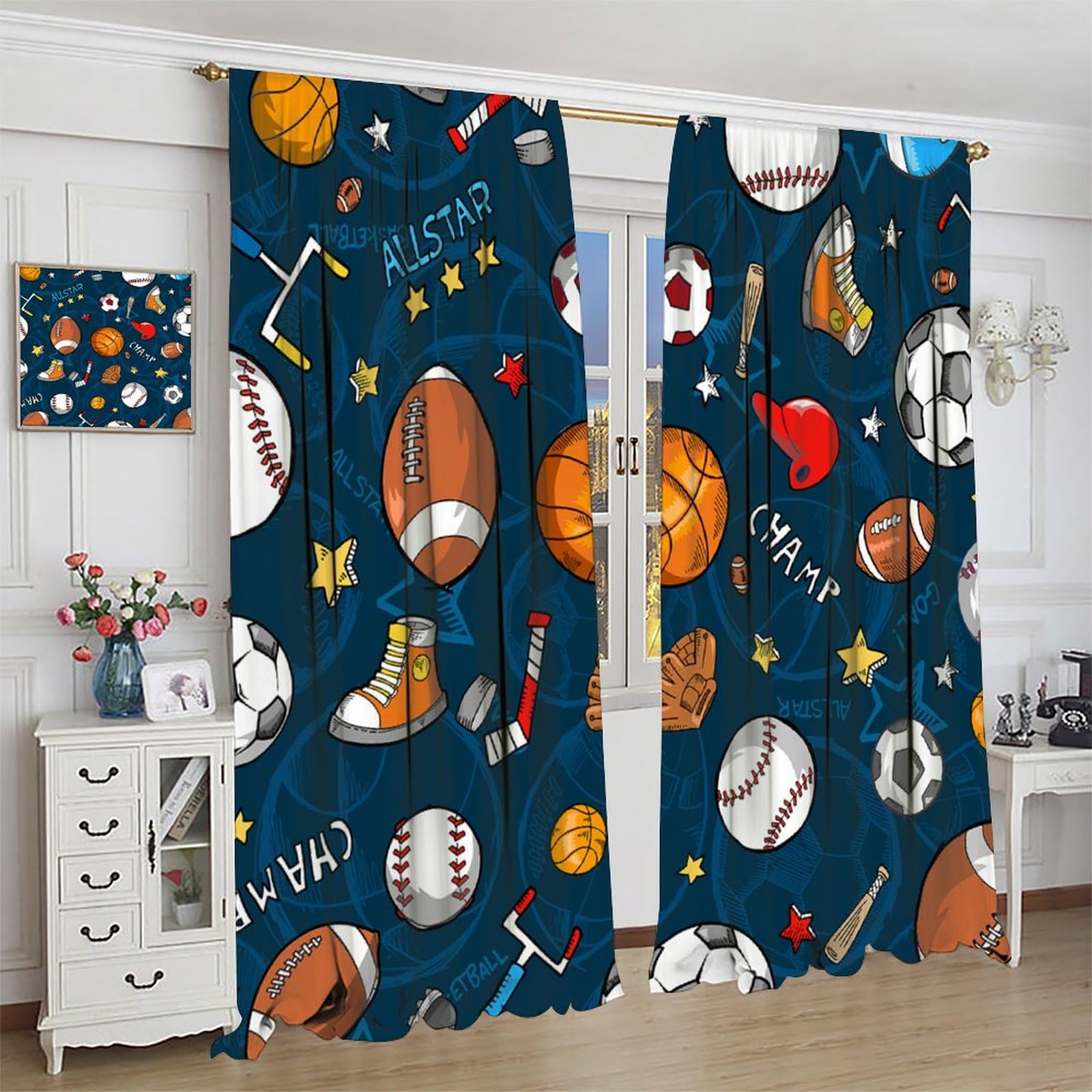 Boys Sports Curtains for Kids Bedroom - Basketball Soccer Baseball Window Treatments for Teen Girls, Living Room & Playroom (84x84 Inches) - Perfect for Sports-Themed Decor, Game Rooms & Teen Bedrooms
