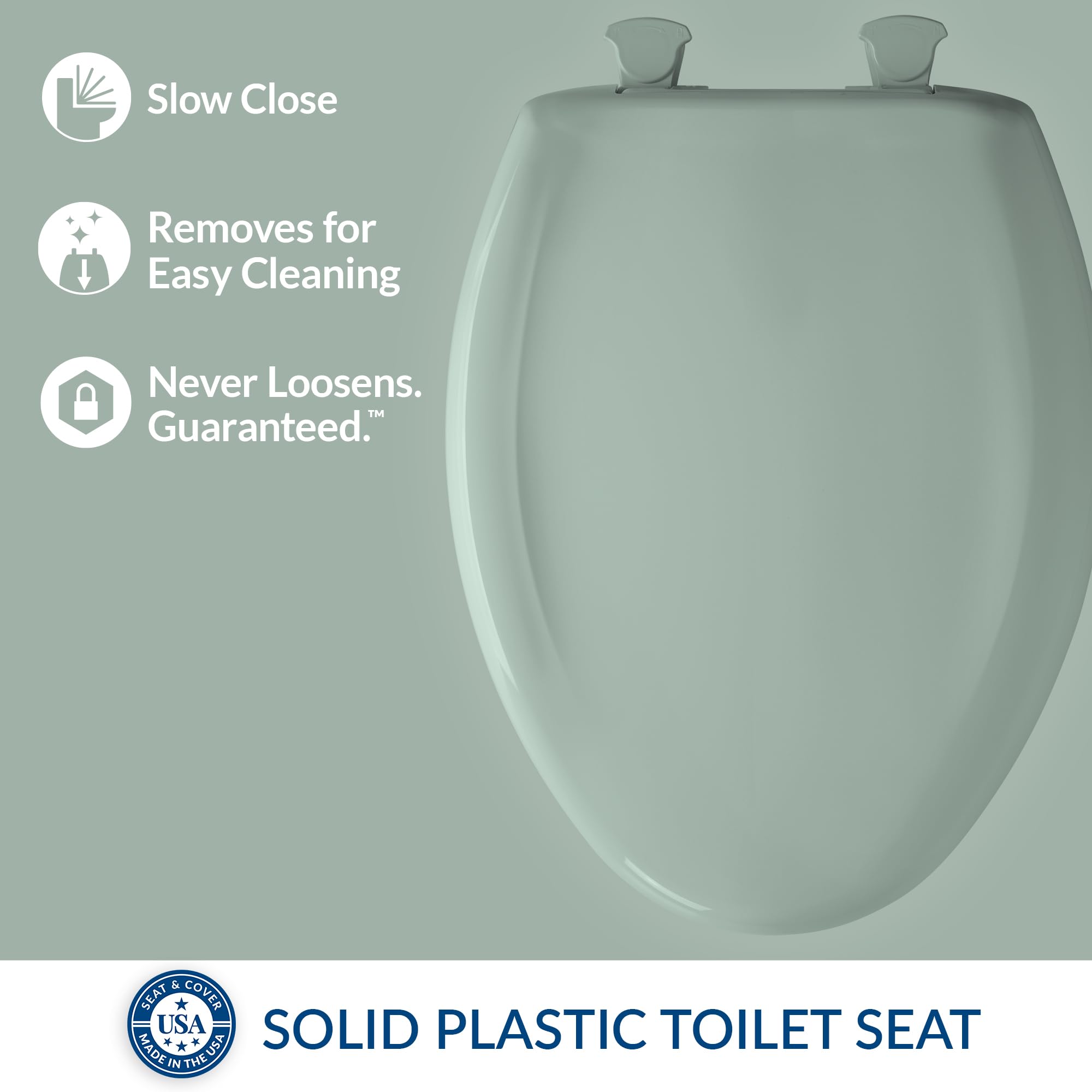 Bemis Classic Colors Slow Close Toilet Seat - Elongated Seafoam Green | Easy Clean Hinges & Durable Plastic | Quiet Closing Bathroom Upgrade for Home & Commercial Use