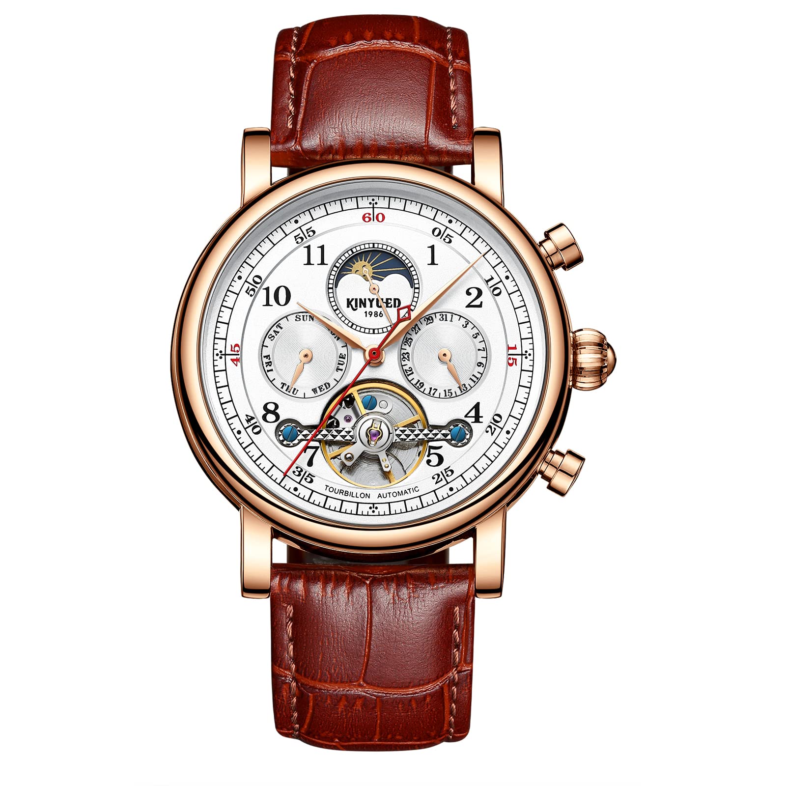 IK COLOURING Men's Mechanical Skeleton Watch - 44mm Automatic Self-Wind Wristwatch with Calendar, Week Display, Moon Phase & Tourbillon | Perfect for Business, Formal Events & Luxury Gift Giving