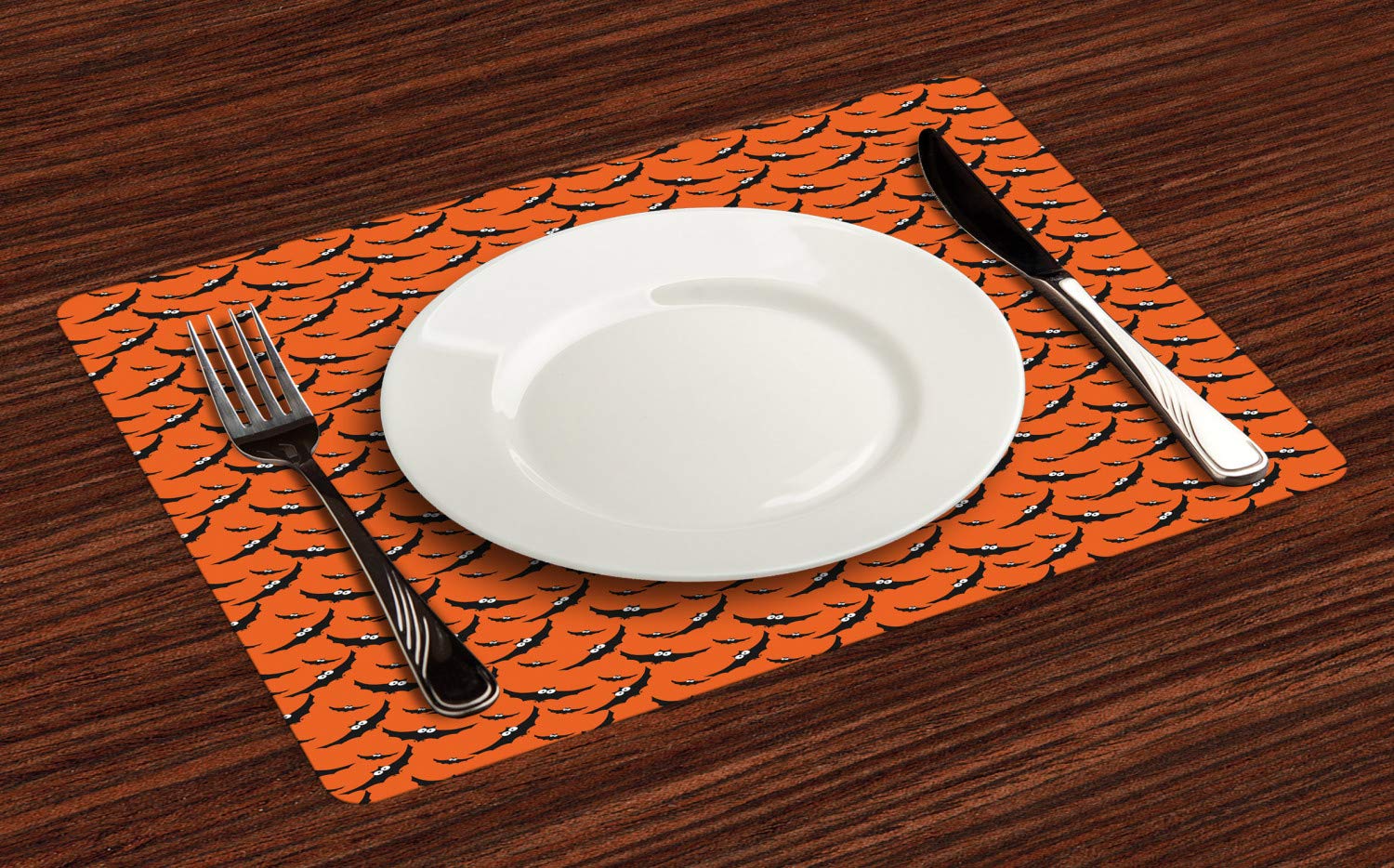 Ambesonne Halloween Place Mats Set of 4 - Cartoon Bats Flying Design, Washable Fabric Table Mats for Dining Room & Kitchen Decor in Burnt Orange, Charcoal Grey and White - Perfect for Spooky Parties, Fall Gatherings and Holiday Table Settings