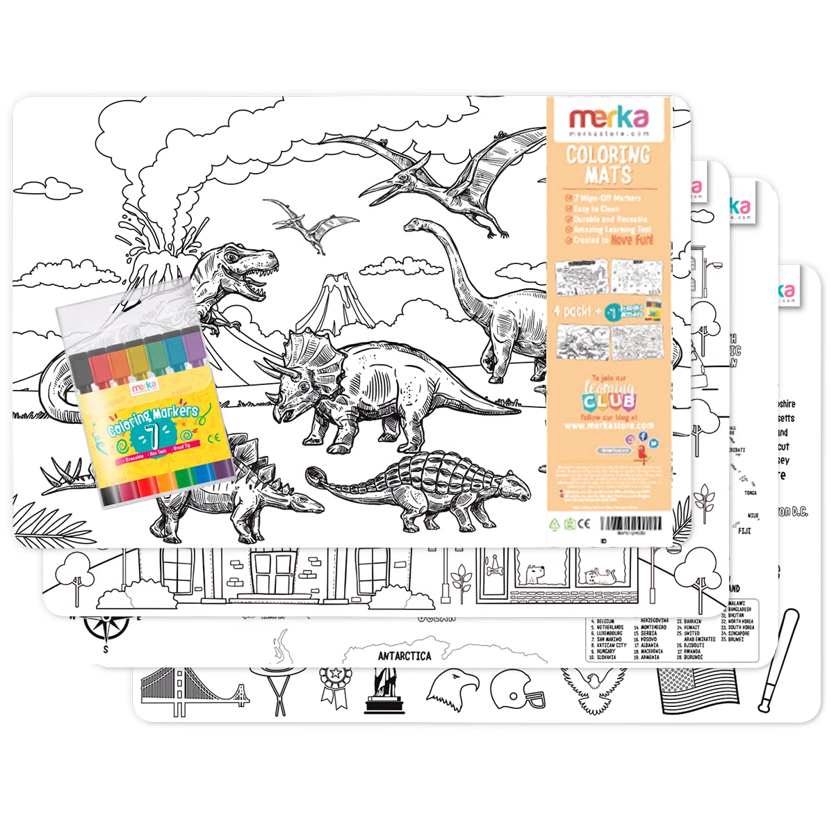 merka Kids Placemats Set of 4 - Wipeable Dinosaur & Map Themed Placemats for Dining Table with 7 Dry Erase Markers | Fun Learning Mats for Toddlers Ages 2+ | Perfect for Mealtime, Homeschooling & Restaurant Use