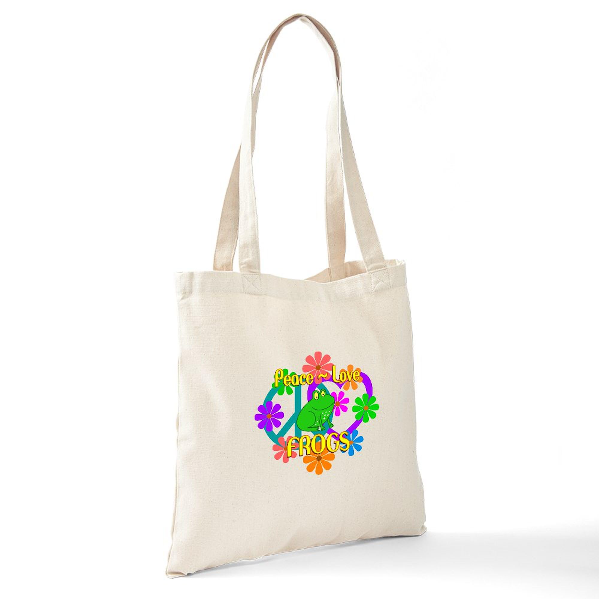Eco-Friendly Peace Love Frogs Canvas Tote Bag - Natural Reusable Shopping Bag for Groceries, Beach & Daily Use | Sustainable Cotton Carryall