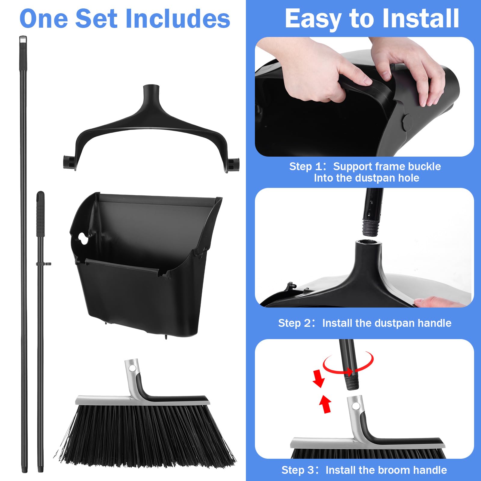 **6-Piece Broom and Dustpan Set with 54-Inch Long Handle - Heavy-Duty Commercial Plastic Upright Dustpan for Floor Cleaning - Ideal for Home, Office, Restaurant, Indoor & Outdoor Use**