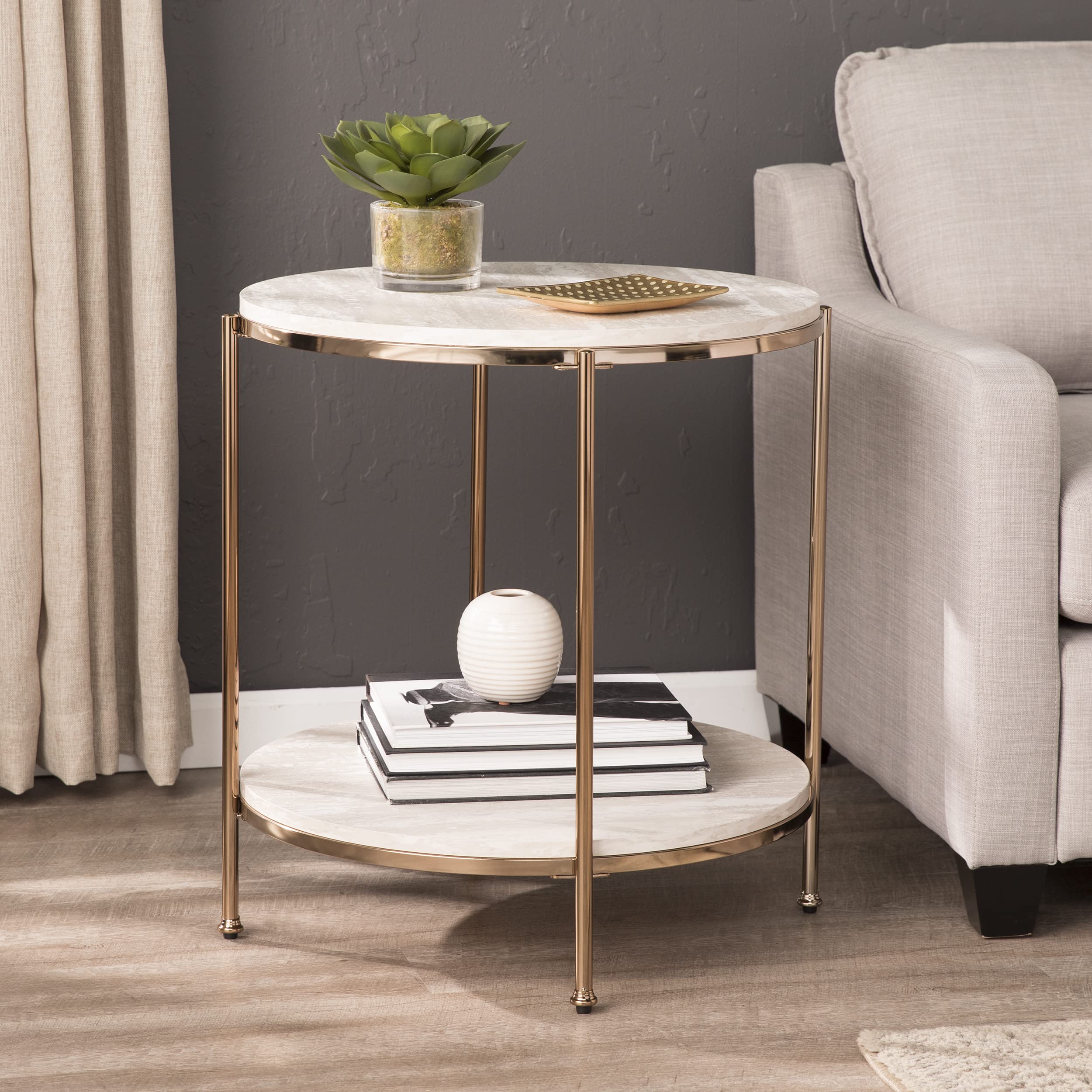 SEI Furniture Silas Round Faux Stone End Table - Champagne Gold Accent Side Table for Living Room, Bedroom & Office Decor