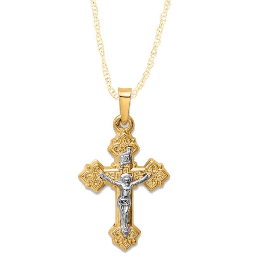 14K Two-Tone Yellow Gold & White Gold INRI Crucifix Pendant Necklace - Elegant Polished Budded Cross Charm for Women & Men - Perfect Religious Jewelry Gift for Baptism, Confirmation & Special Occasions