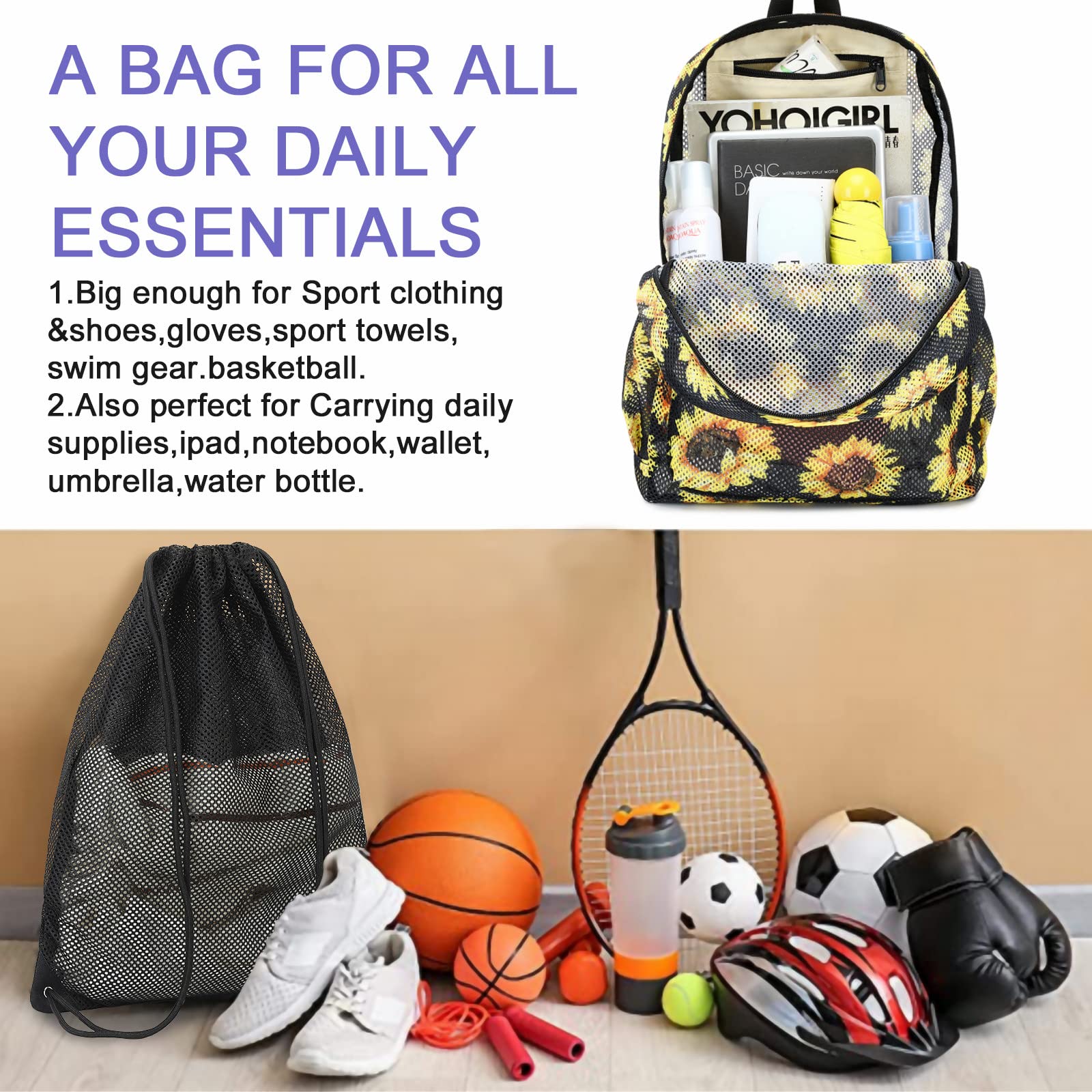 Bluboon Mesh Backpack for Girls & Kids - Transparent School Bookbag with Drawstring Bag, Lightweight Daypack for Beach, Pool, Gym & Travel - Breathable Semi-See Through Backpack for School Supplies & Swim Gear