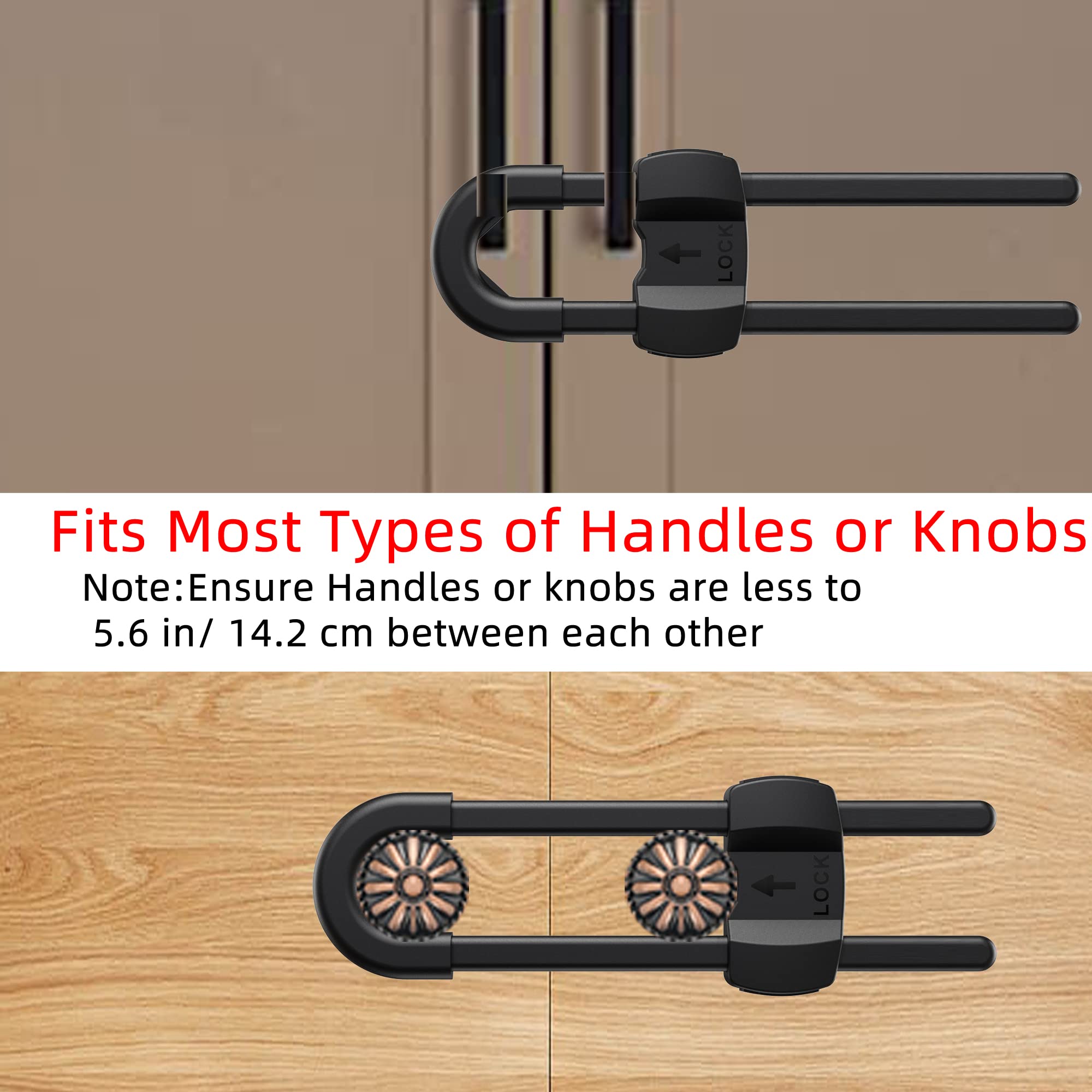 10-Pack Black U-Shaped Cabinet Locks - Child Safety Proofing Locks for Drawers, Wardrobes, Kitchen, Bathroom & Fridge (Adjustable for Doors, Knobs & Handles) - Perfect for Baby-Proofing Homes & Childcare Centers