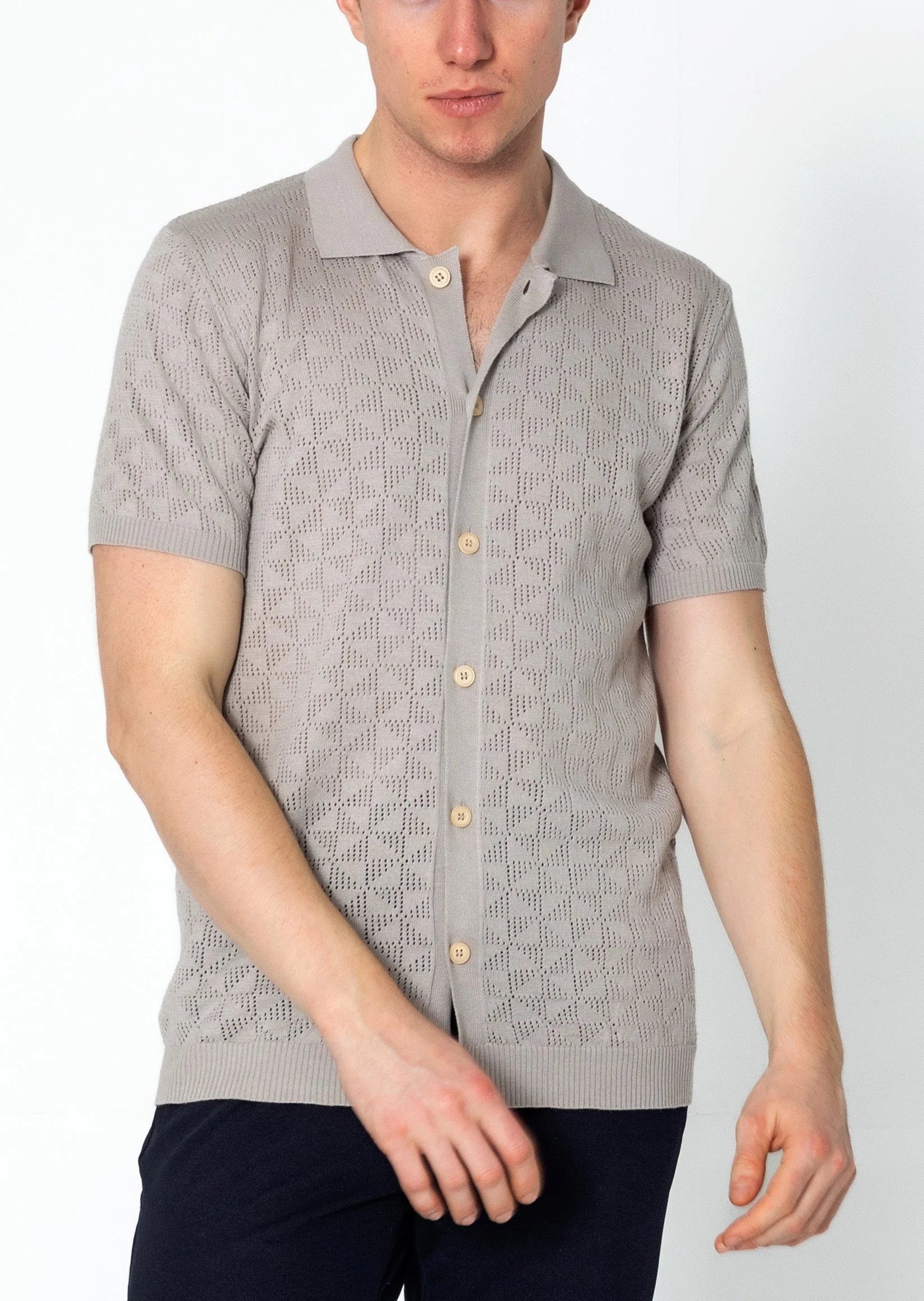 Geometric Crochet Polo Shirt for Men - Trendy Grey Knit Cotton Top for Casual Wear & Summer Outfits