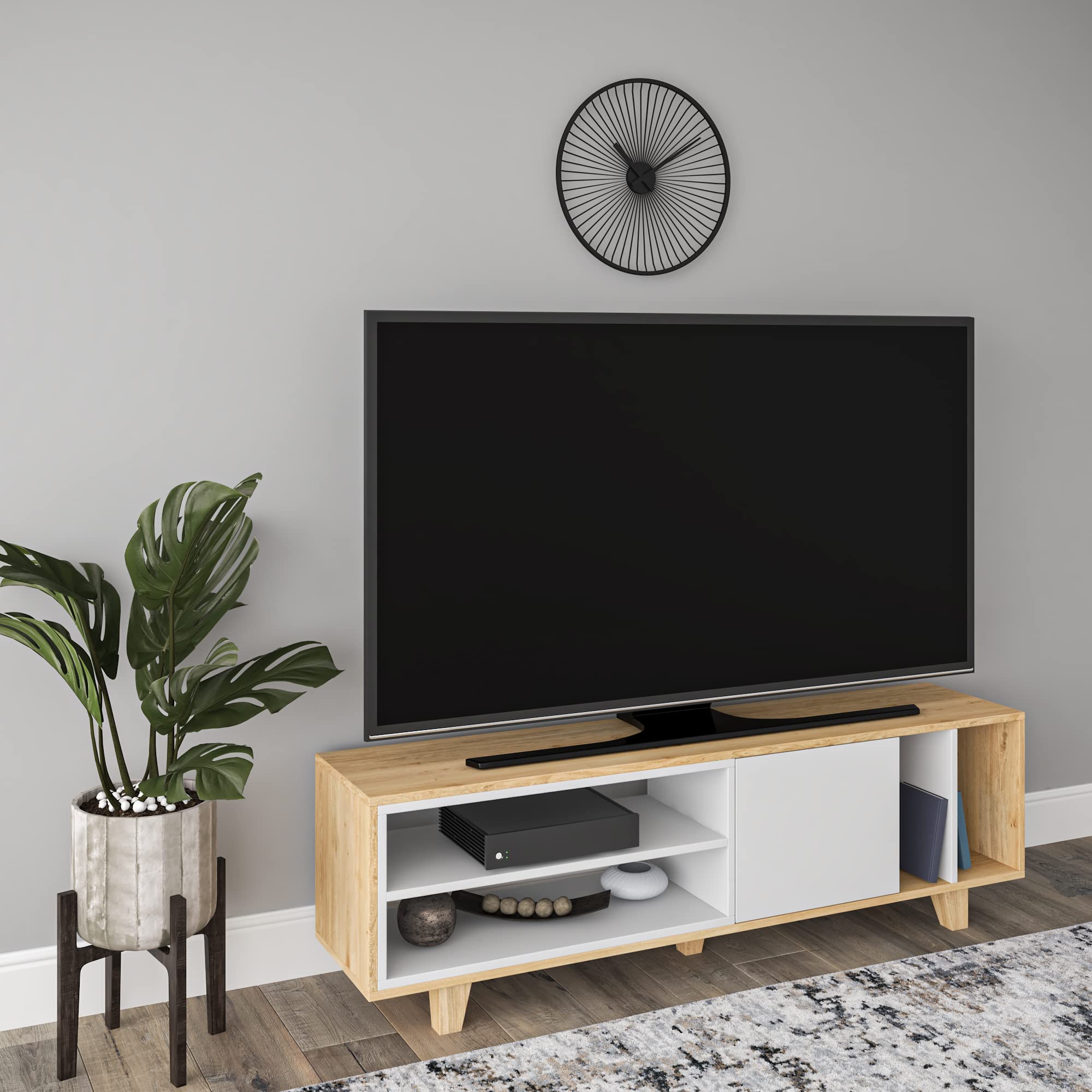 Modern Oak & White TV Stand with Storage - 18.5