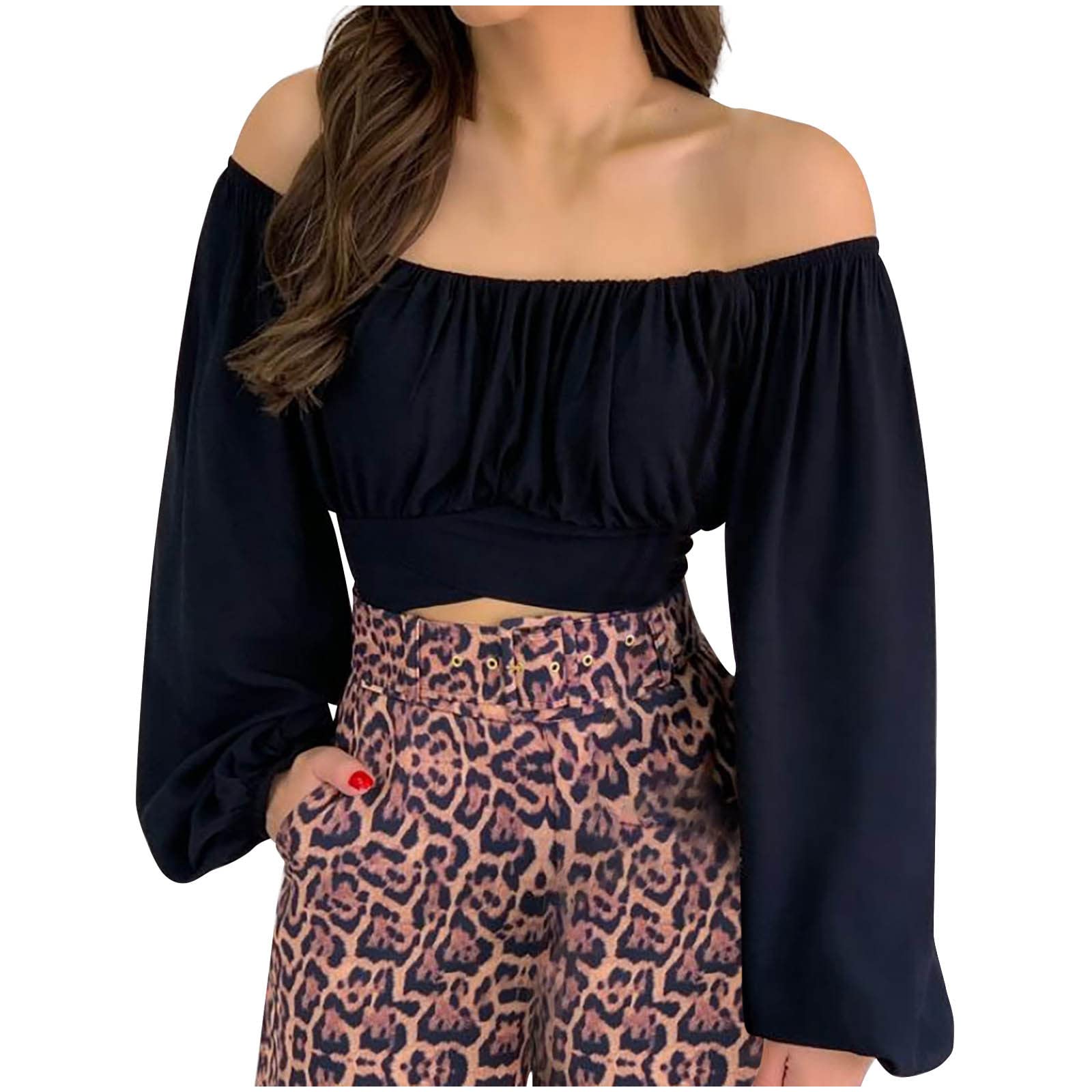 Women's Cropped Tops - Summer Off Shoulder Puff Sleeve Blouses & Sexy Solid Color T-Shirts | Trendy Casual Pleated Tops for Beach, Party & Everyday Wear