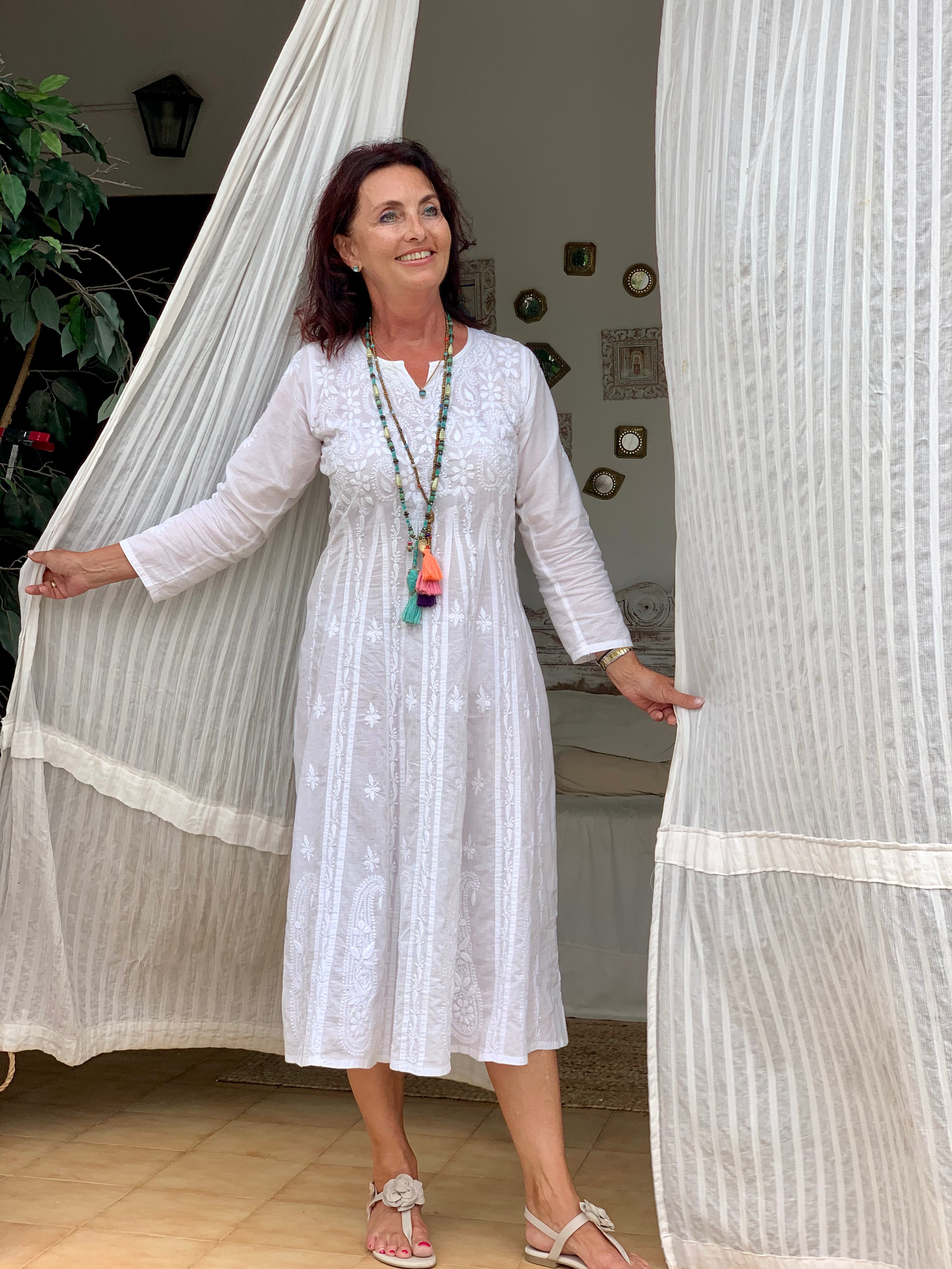 Hand Embroidered White Anarkali Ibiza Boho Chic Long Cotton Dress - Kundalini Yoga & Beach Wear - Perfect for Festivals, Vacations & Boho Fashion