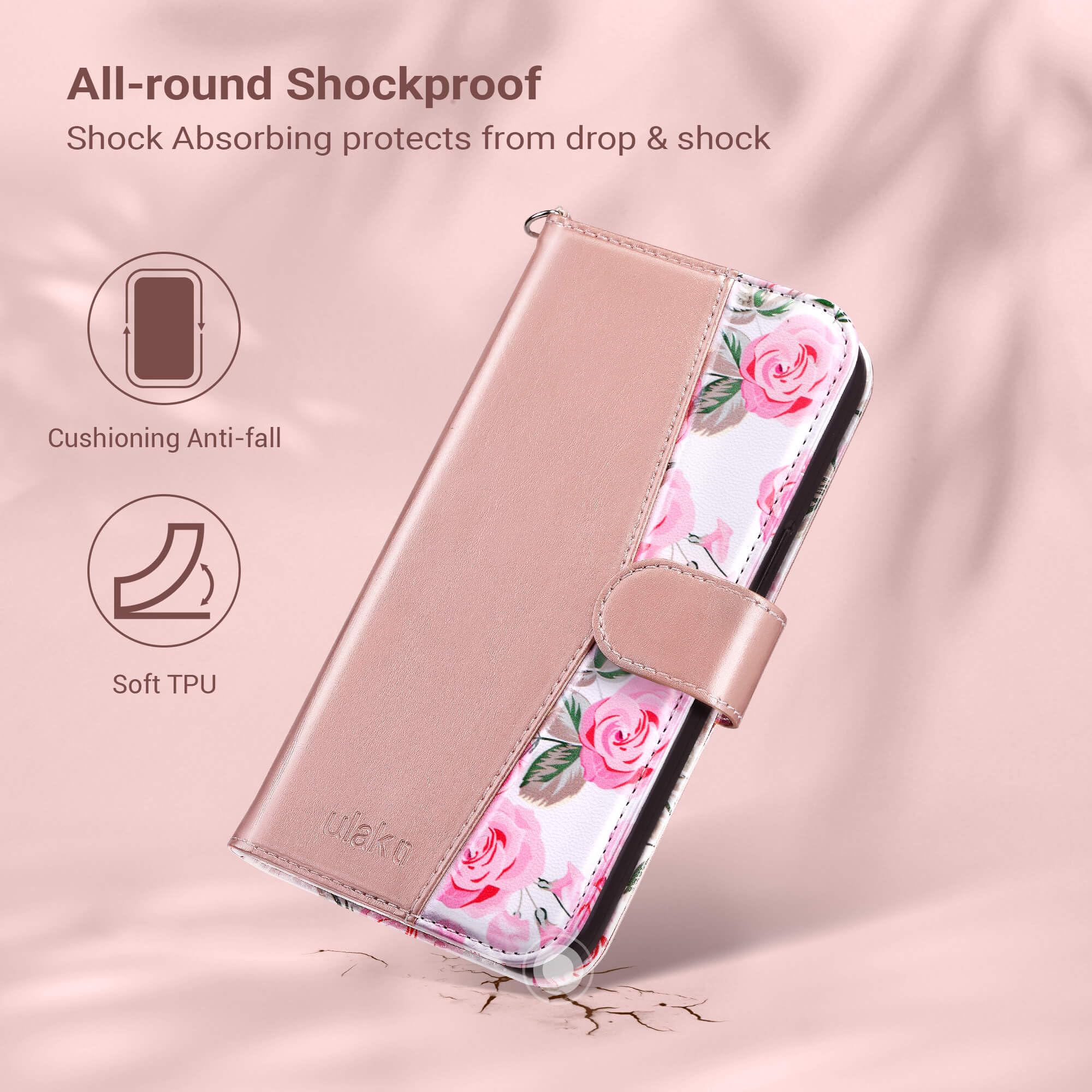 ULAK iPhone 15 Wallet Case for Women - Premium PU Leather Floral Flip Cover with Card Holder & Kickstand | Protective Purse Phone Case for iPhone 15 (6.1 Inch, 2023) | Perfect for Everyday Use, Travel & Shopping (Rose Gold)