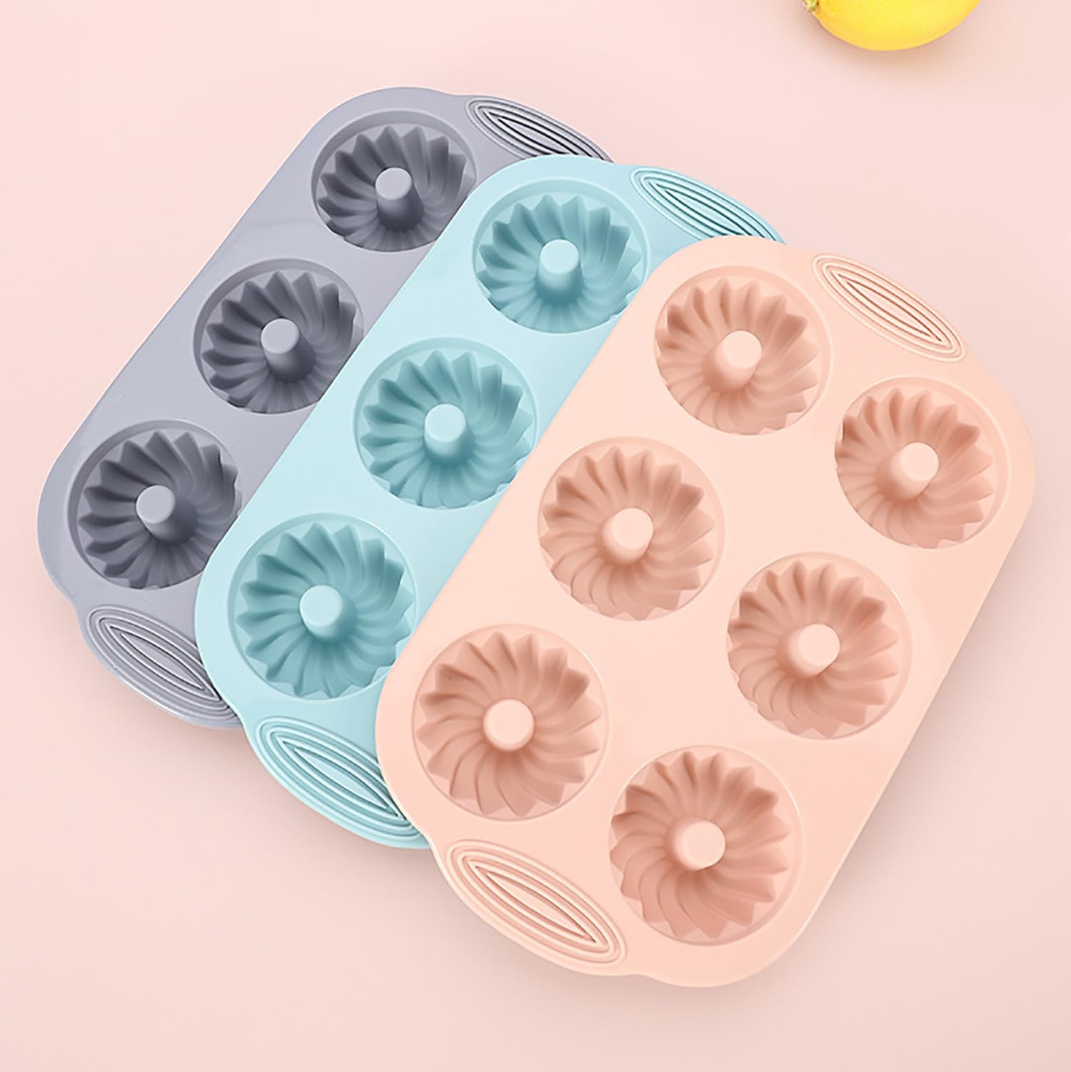 Non-Stick Silicone Mini Bundt Cake Pan Set - 3 Pack (6-Cavity Fluted Tube Molds in Pink, Blue & Gray) for Baking Perfect Bundtlettes, Cupcakes & Desserts - Ideal for Holidays, Parties & Home Baking