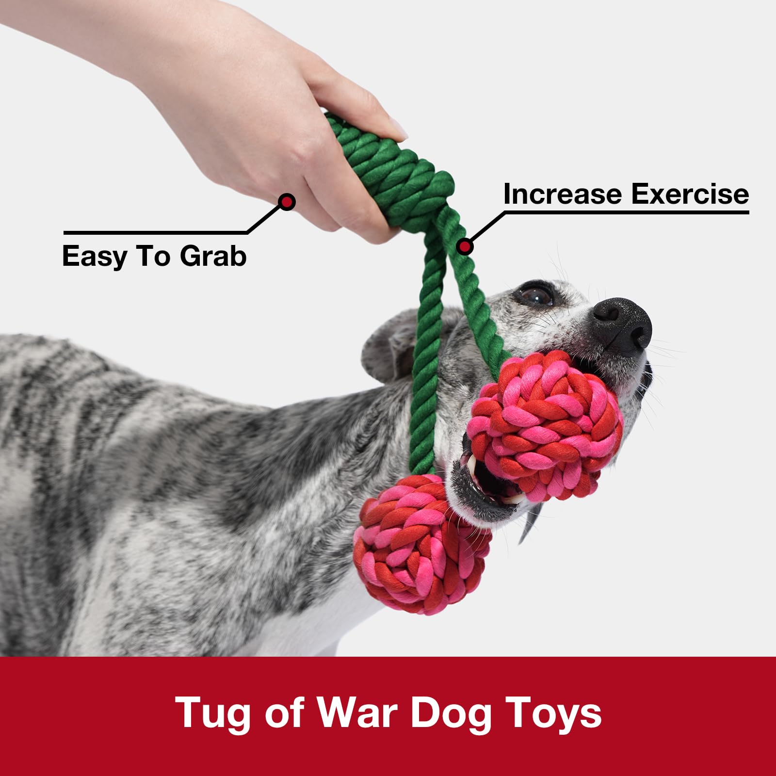 VETRESKA Durable Dog Rope Toys for Large Breed Dogs - Heavy Duty Tug of War Chew Toy with Ergonomic Handle for Puppy Training, Teething Relief & Interactive Play | Perfect for Outdoor Activities, Indoor Games & Holiday Gifts (Cherry Red)
