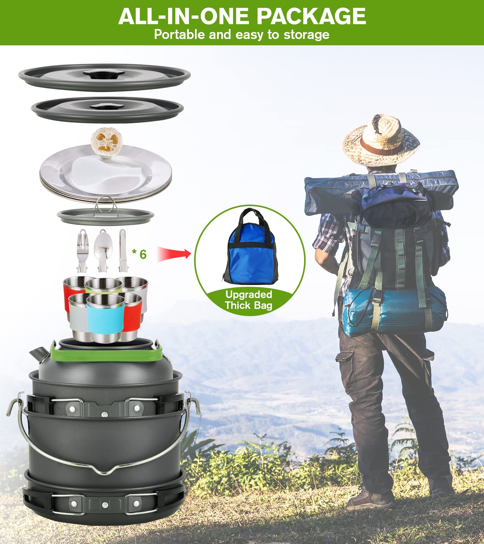 MEETSUN 37-Piece Camping Cookware Set with Hanging Pot, Pots & Pans for 6 People - Complete Outdoor Cooking Kit with Cups, Dishes, Forks, Spoons & Knives - Perfect for Camping, Hiking, Picnics and Outdoor Adventures