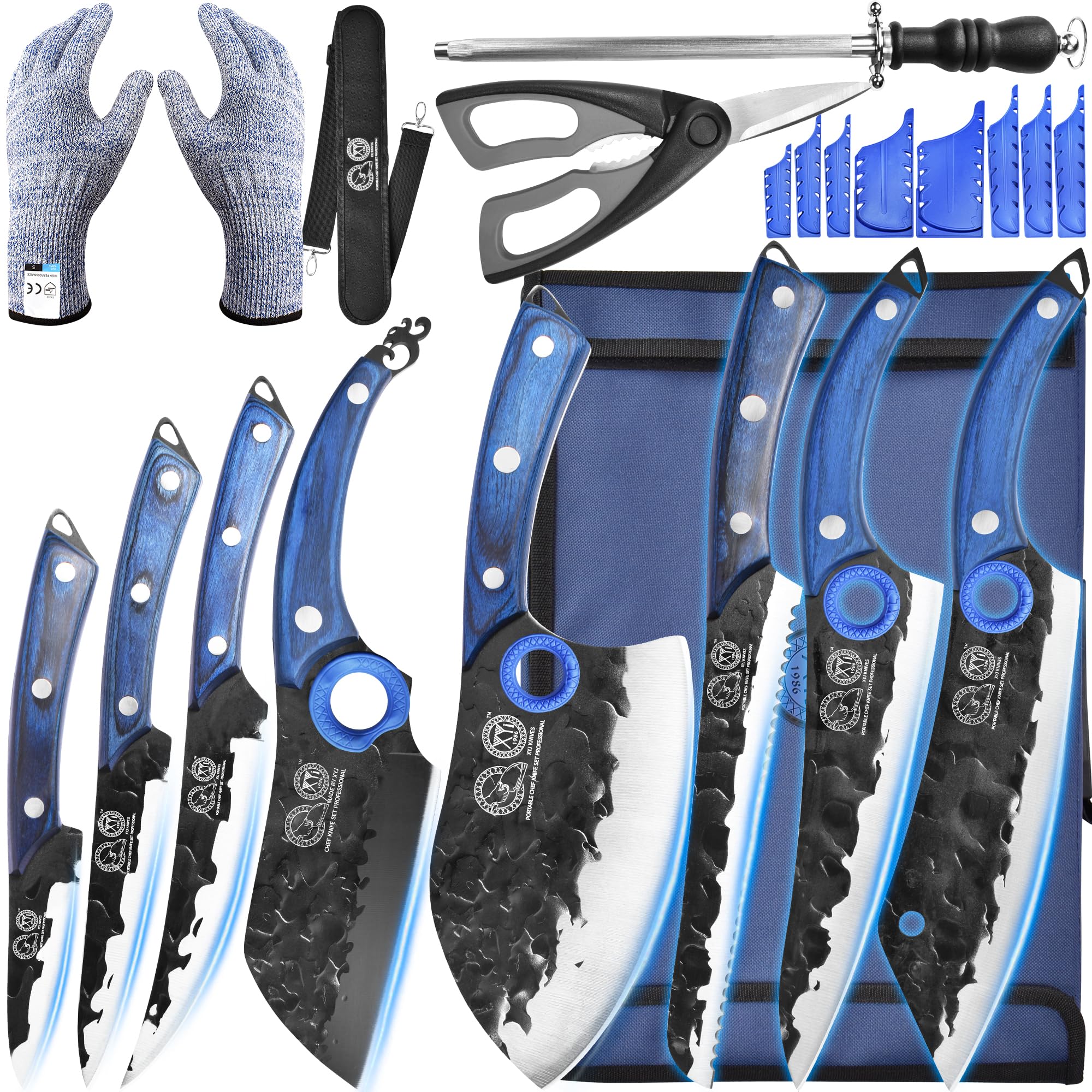 XYJ Professional Kitchen Knife Set - 6-Piece High-Carbon Steel Forged Chef Knives with Full Tang Design (Chef's Knife, Cleaver, Carving Knife, Nakiri) Includes Carrying Case & Poultry Shears - Perfect for Home Cooking, Professional Chefs & Outdoor BBQ