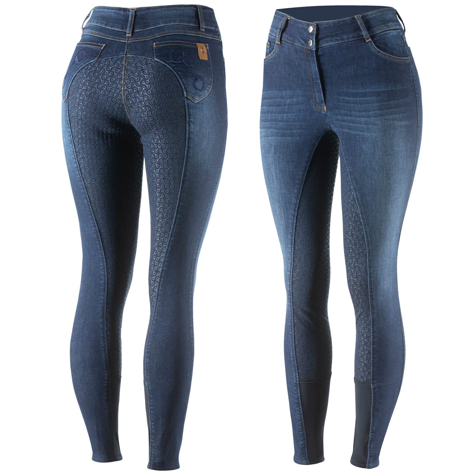 HORZE Kaia Women's Denim Horse Riding Pants - High Waist Silicone Full Seat Breeches for Equestrian & Show Jumping | Accurate Size Chart | Perfect for Training, Competitions & Casual Riding