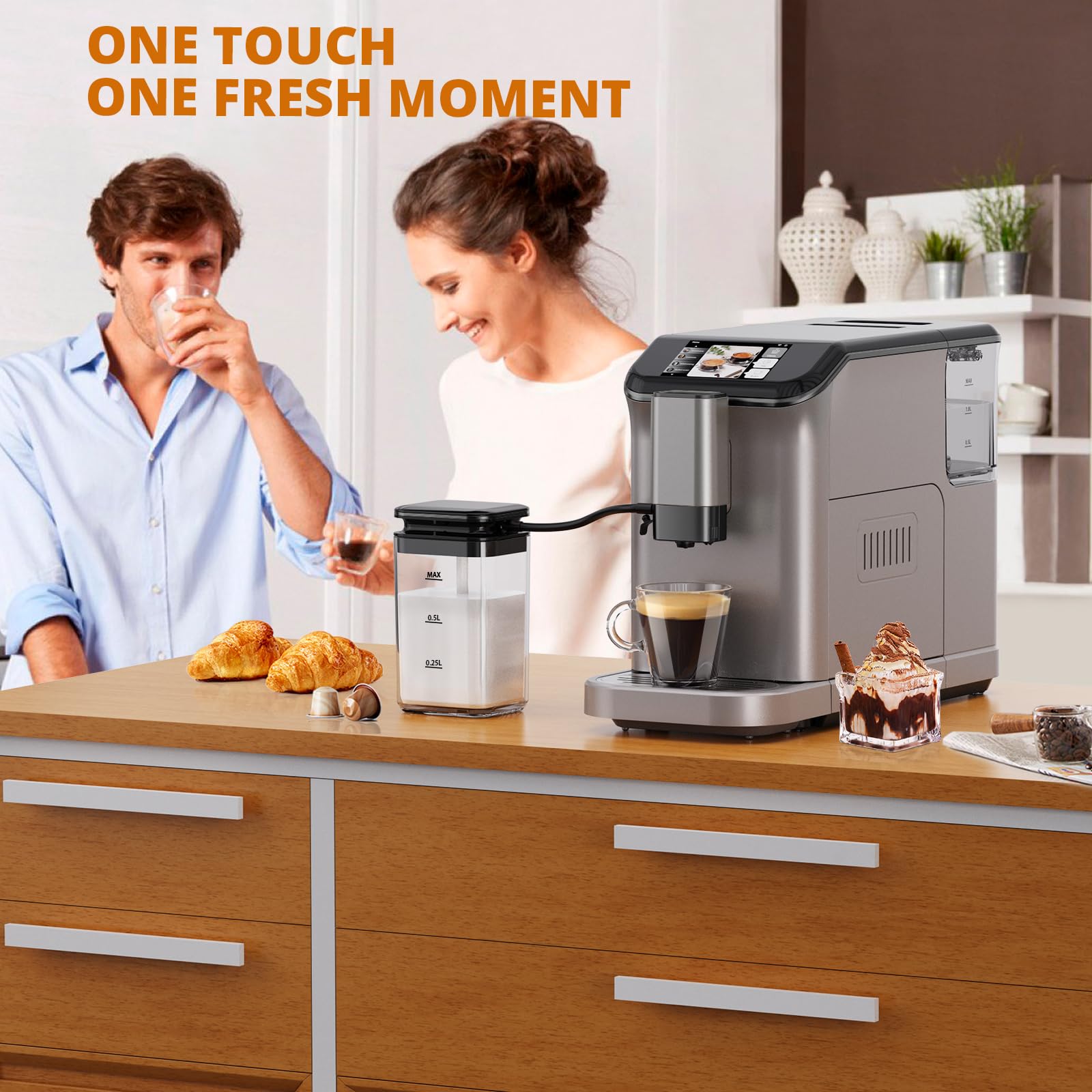 Fully Automatic Espresso Machine with Built-in Grinder & Milk Frother - 1.5L Water Tank, Touch Display for Latte, Cappuccino, Iced Coffee - Perfect for Home & Office Use
