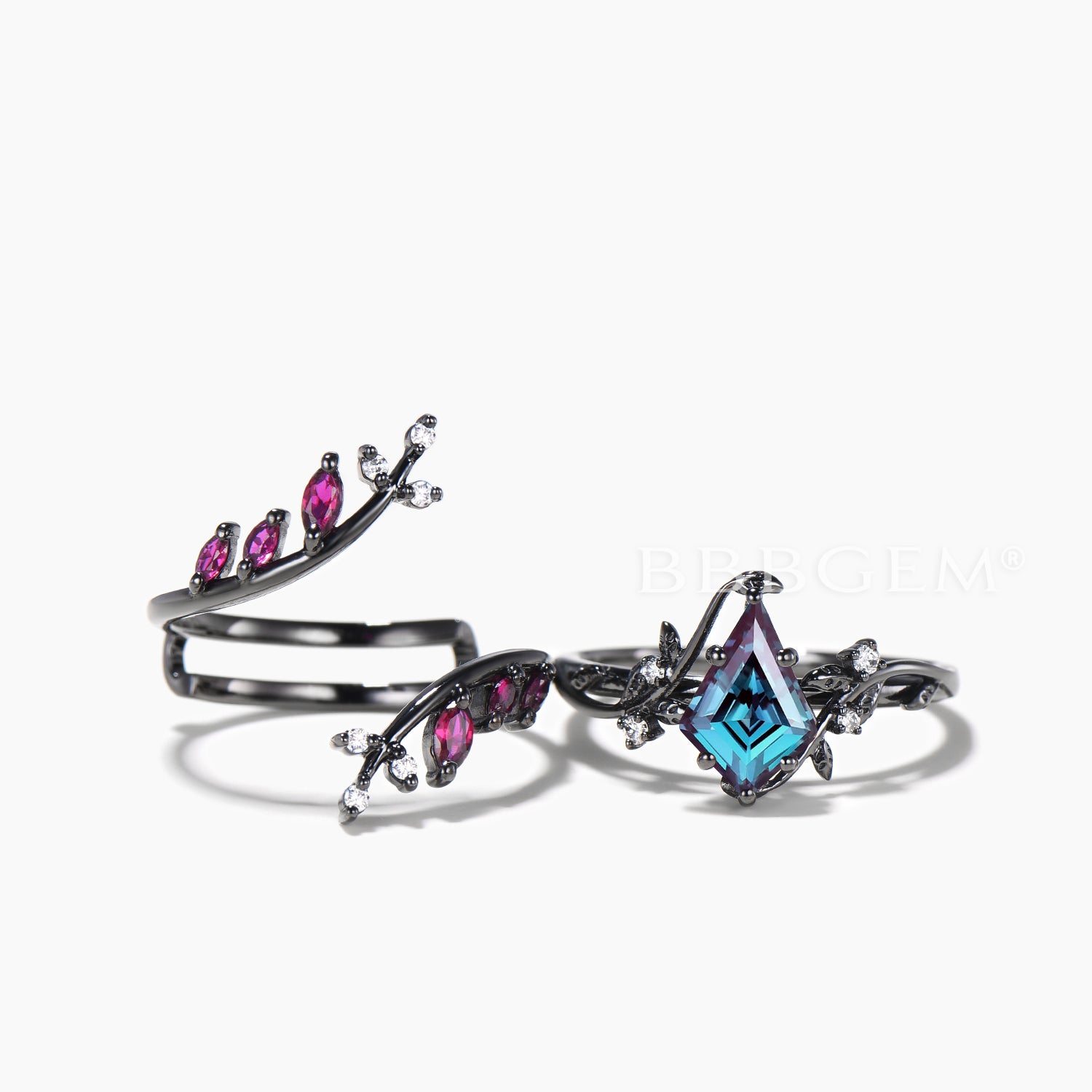 Color Changing Alexandrite & Ruby Twig Band Ring Set | Kite Cut Gemstone Bridal Enhancer | Perfect for Engagement, Wedding & Anniversary Gifts