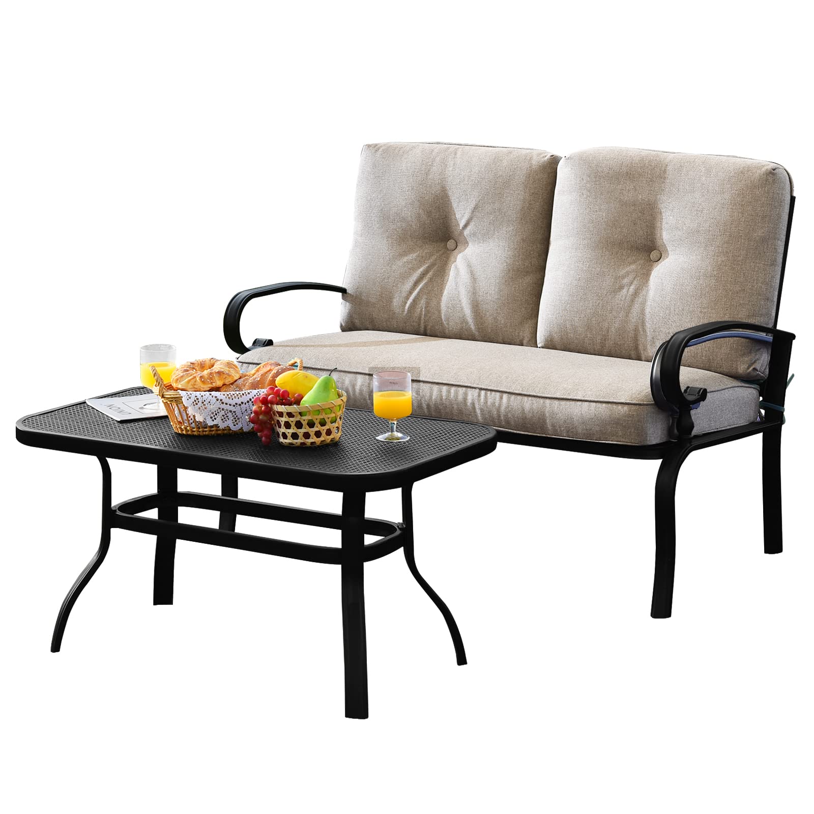 Tangkula 2-Piece Patio Loveseat Set with Cushions & Coffee Table - Outdoor Rustproof Wicker Sofa for Garden, Poolside, Balcony - Perfect for Relaxing & Entertaining (Beige)