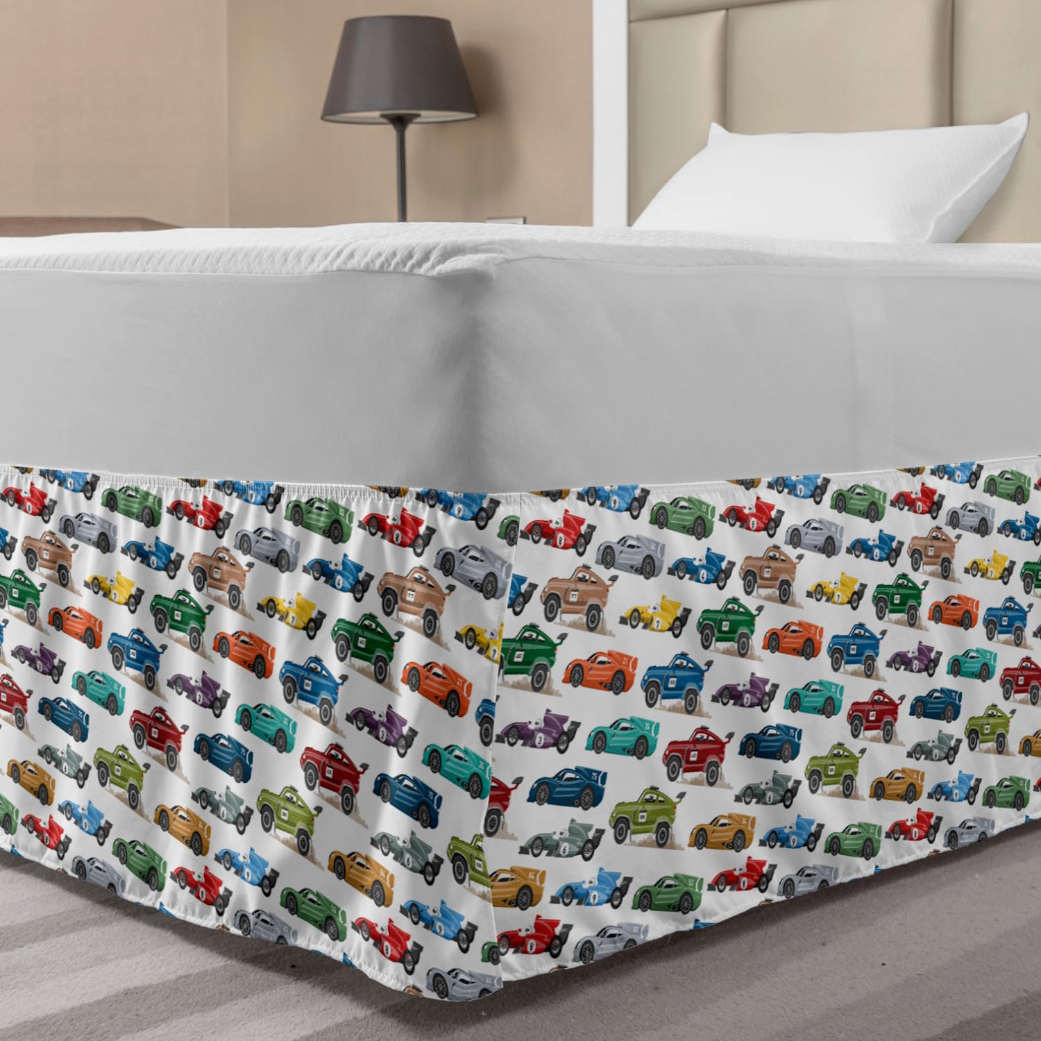 Ambesonne Race Car Bed Skirt - Colorful Speeding Vehicles Design, Elastic Dust Ruffle Wrap Around Bedskirt for Twin/Twin XL Beds | Perfect for Kids' Room Decor, Racing Theme Bedroom & Car Lovers