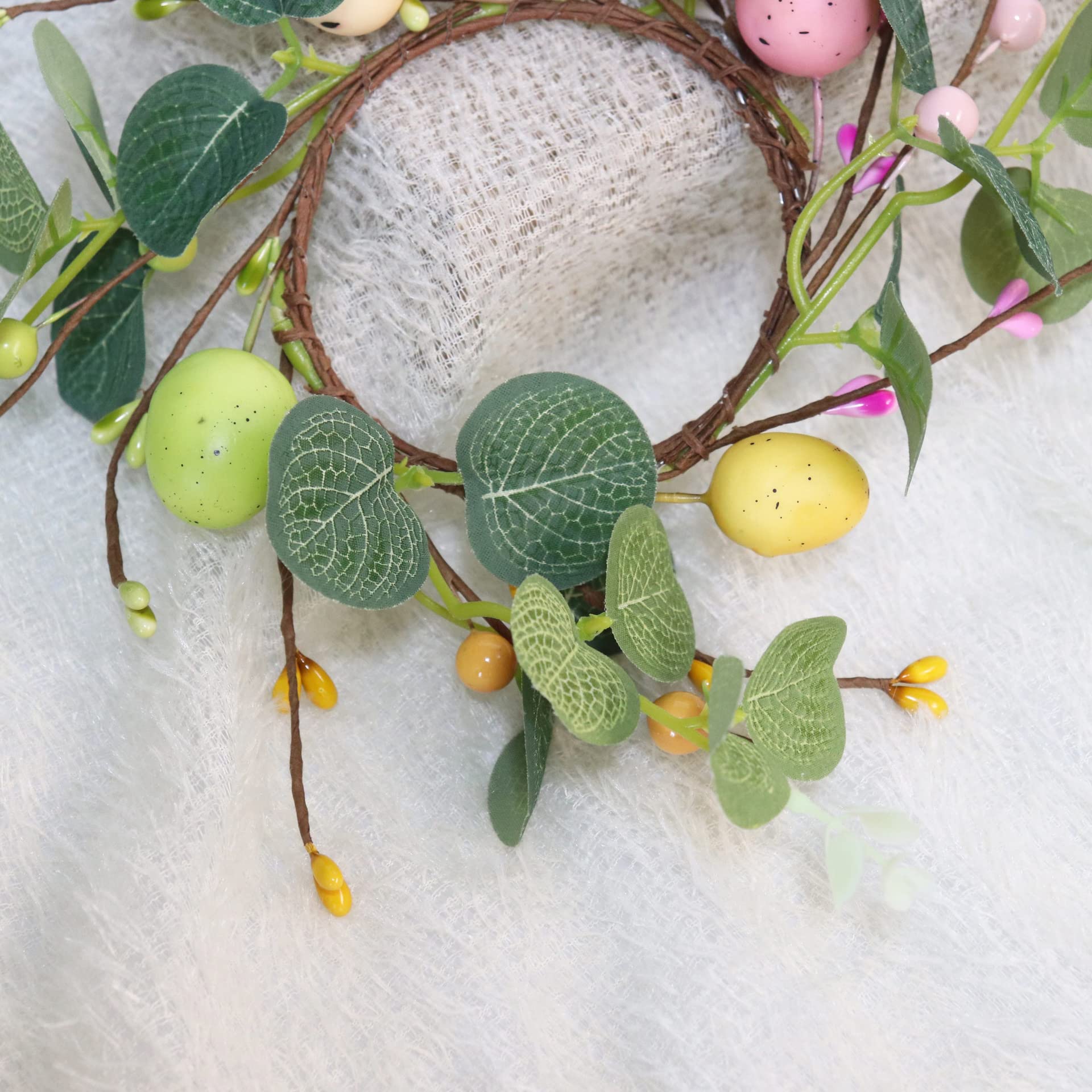 2 Pcs Easter Egg Candle Rings Wreaths - Spring Egg & Berry Decor, Artificial Eucalyptus Candle Holder, 7