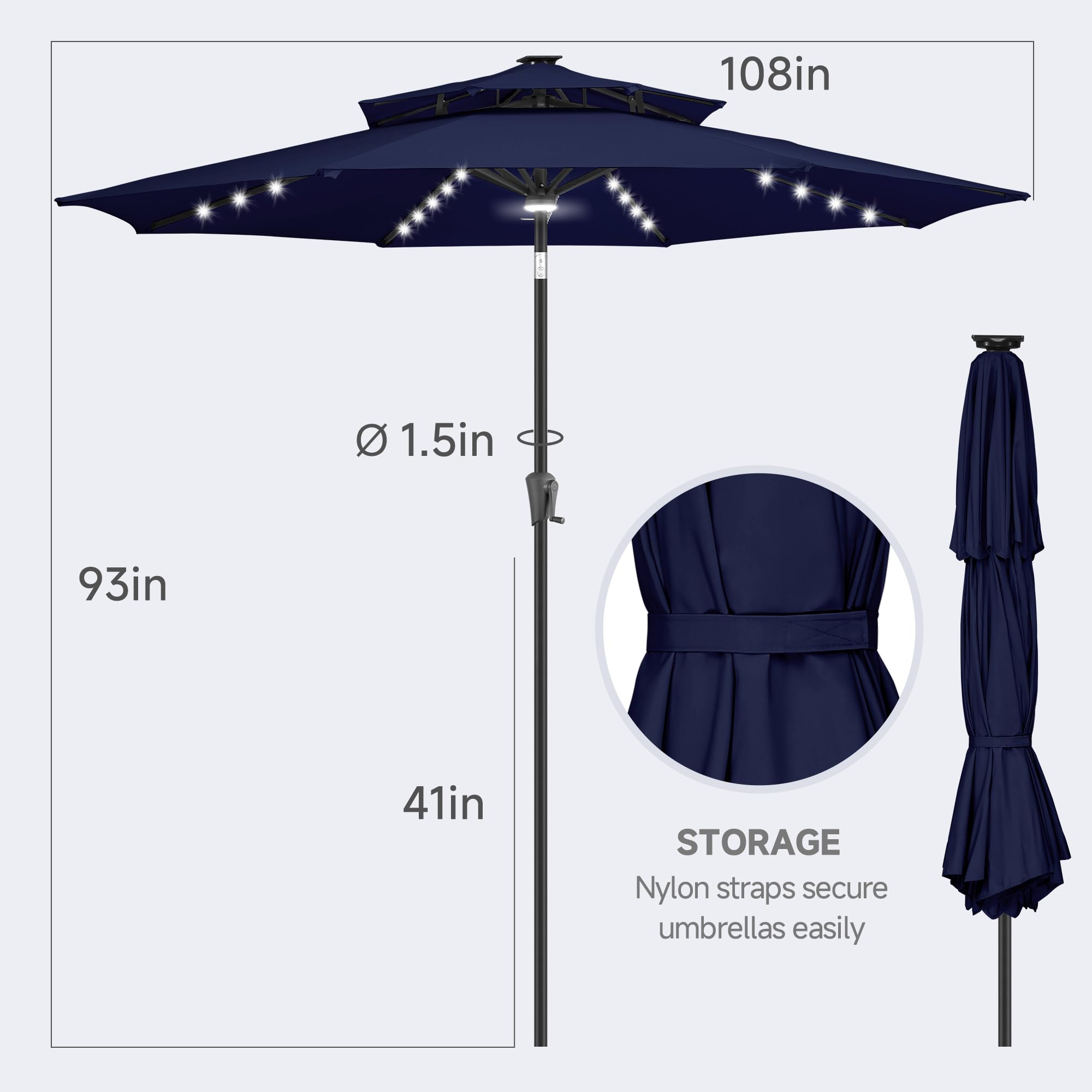 FLAME&SHADE 9ft Solar Powered LED Patio Umbrella with Tilt - Navy Blue Outdoor Market Table Umbrella for Poolside, Garden, and Backyard Dining